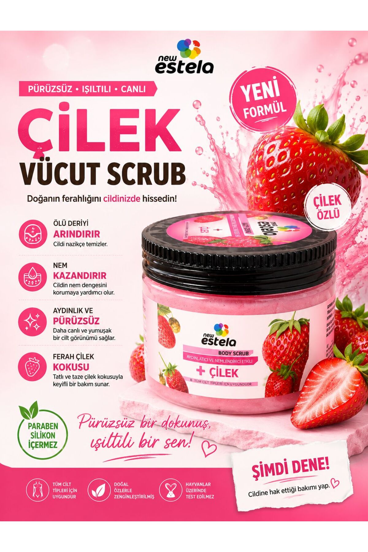 Estela ÇİLEK ÖZLÜ NEM BOMBASI,ANINDA BATIK KARŞITI EL VE VÜCUT PEELING 500 GR — PEEL0004