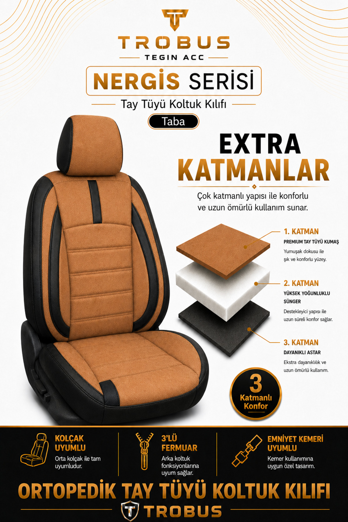 Volvo S-70 1996-2001 Uyumlu - Tay Tüyü Orta + Lacost Kenar, 8 mm Süngerli Oto Koltuk Kılıfı (2 cm Yan Destek) — alternatif görsel