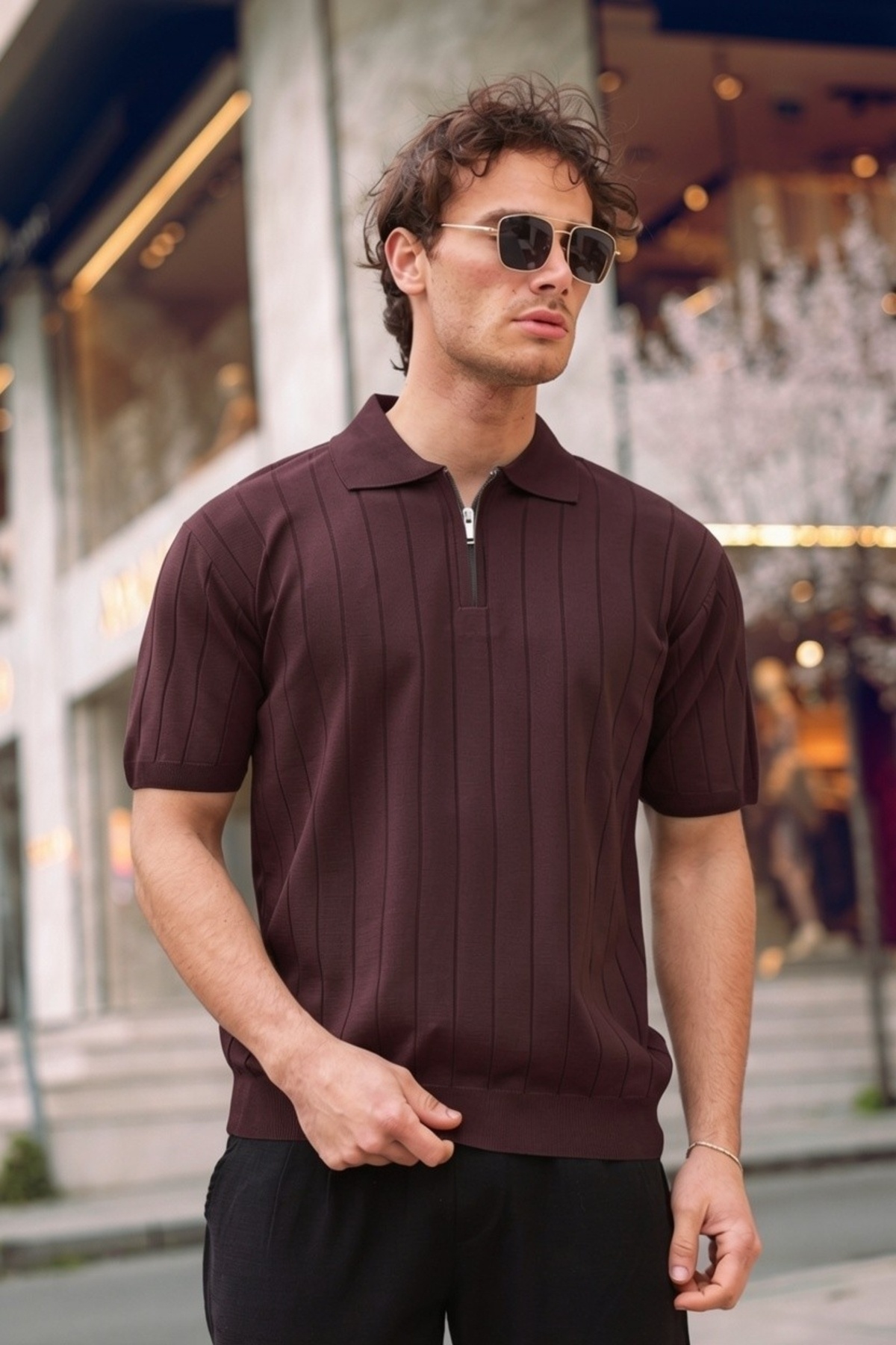 Men's Polo Neck T-shirt with Half Zipper