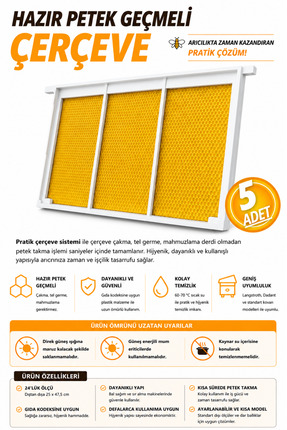 Aksaray Arıcılık Hazır Petek Geçmeli Pratik Plastik Çerçeve 5 Adet