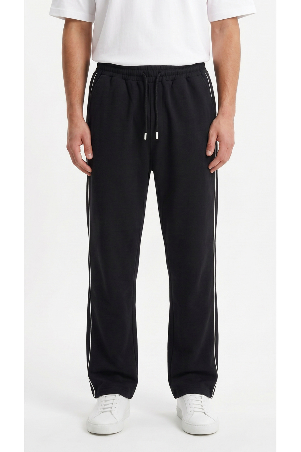 MODENZO Men's Black Wide Leg Baggy Sweatpants with Side Piping and Back Pocket Detail
