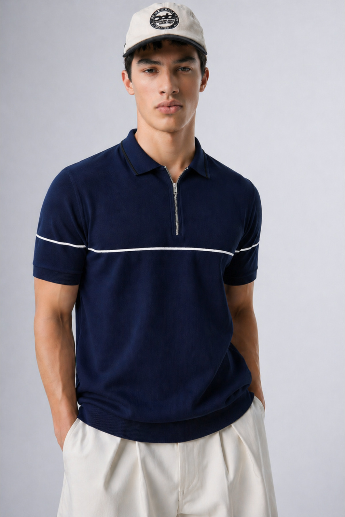 comstar Men's Striped Detailed Knitwear Navy Blue Polo Neck T-Shirt