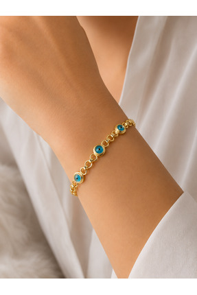 LUNAR by Duygu ÜÇ NAZAR BONCUKLU İÇ İÇE KALIN HALKA ZİNCİRLİ GOLD BİLEKLİK