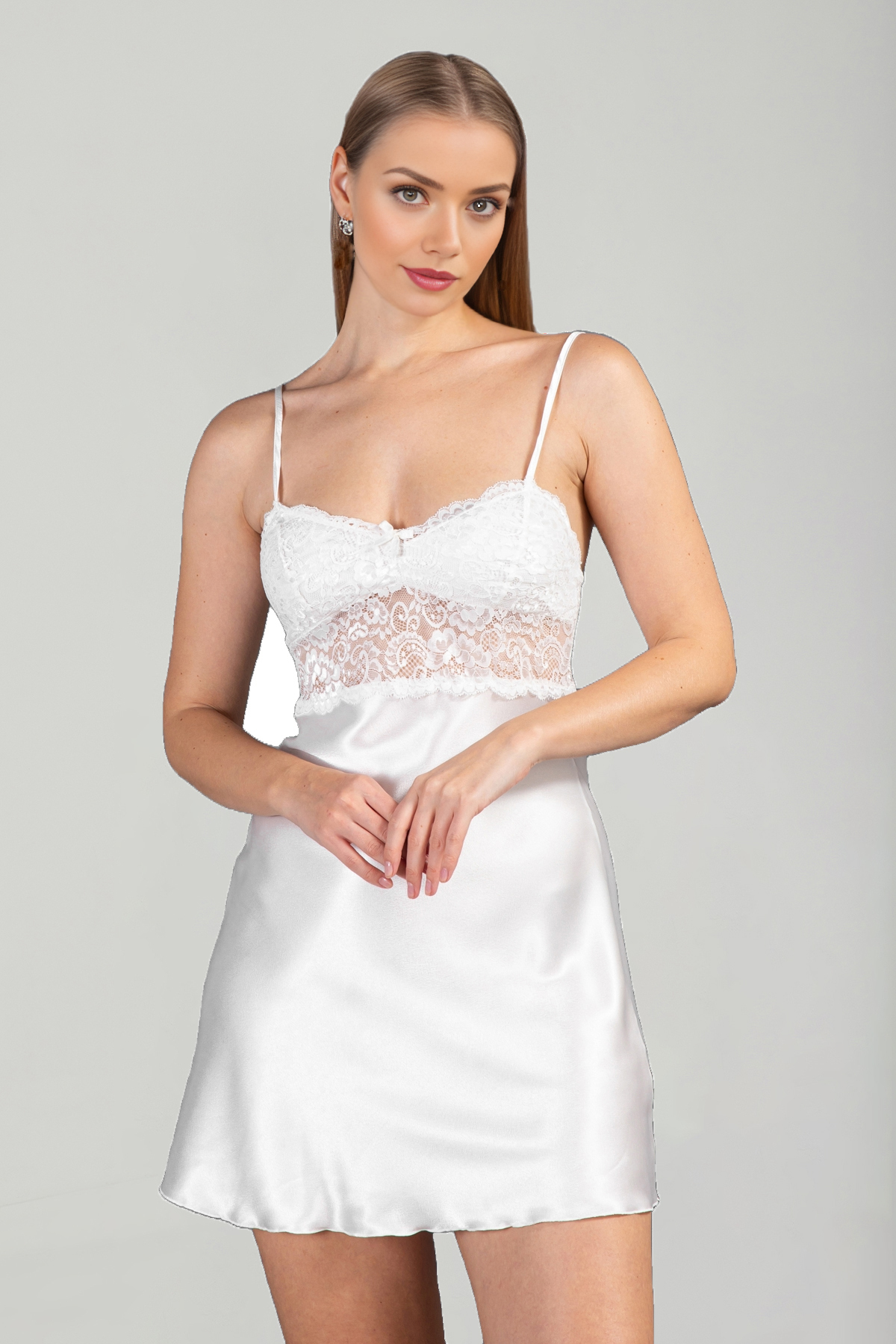 Lunoche Nightwear Saten Güpür Kadın Lüks Dantel Detaylı Çeyizlik Gecelik Sabahlık Takımı görsel 2