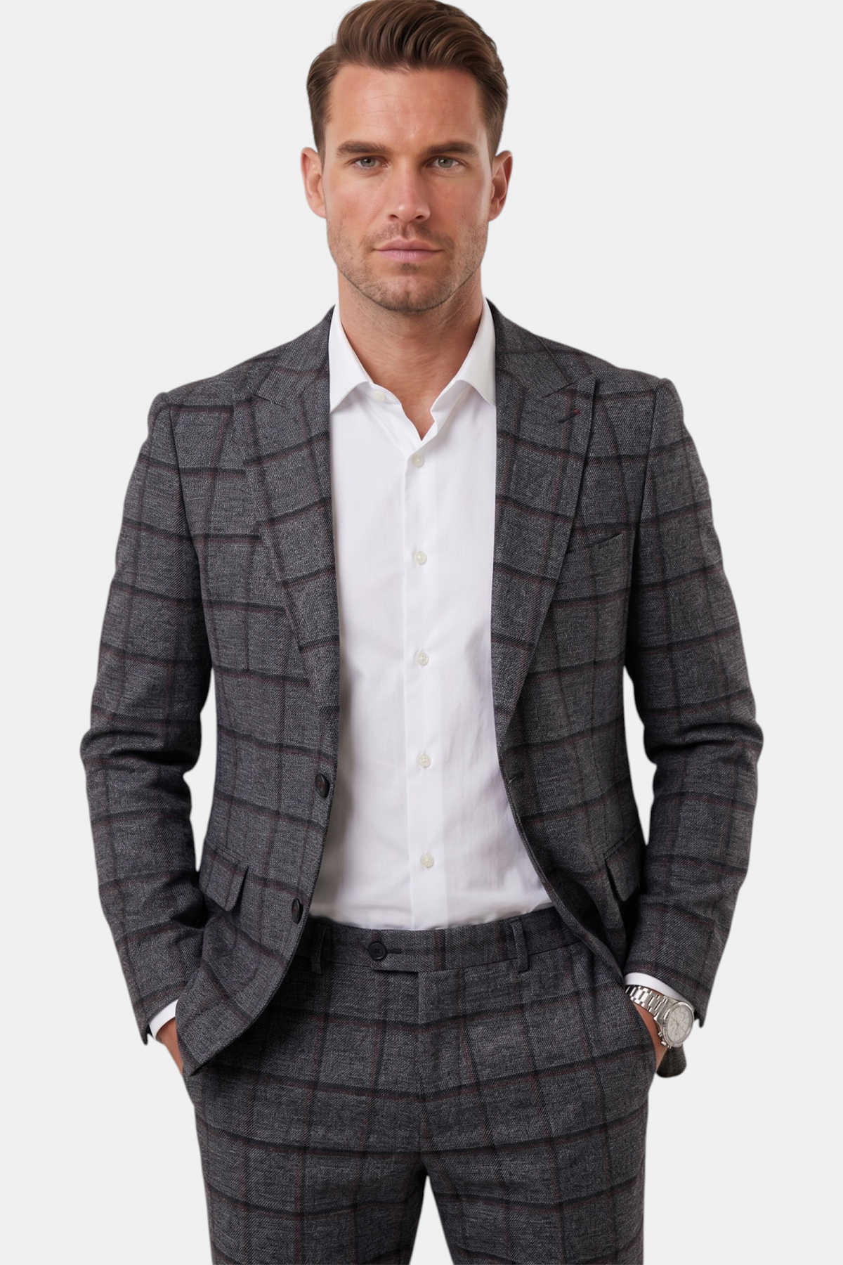 Antrasit Kare Desenli Slim Fit Erkek Takım Elbise – Çift Düğme Çift Yırtmaç 2’li Takım 2601812 — رنگارنگ OWEEY2601812 — تصویر 4 از 6
