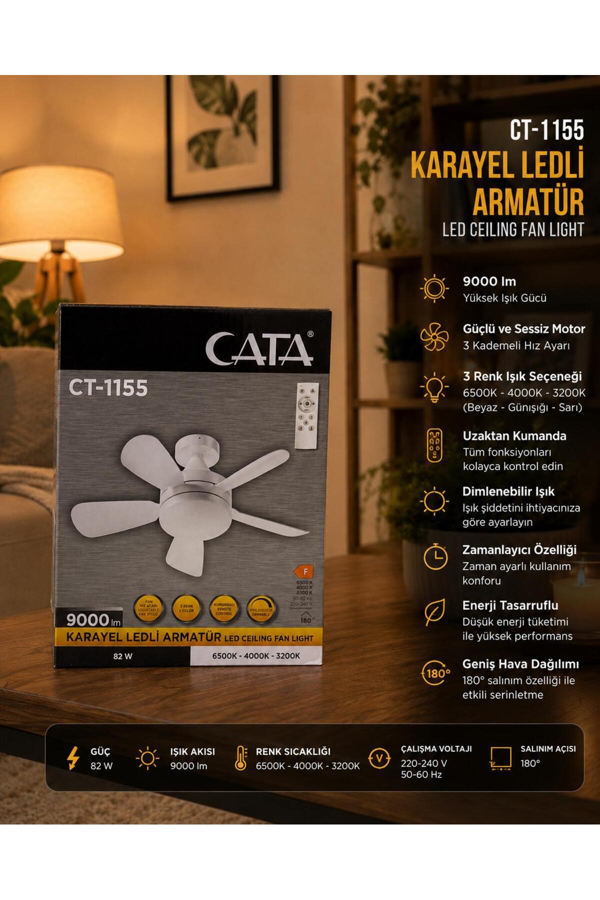 Cata aydınlatma Karayel Fan Led 82w Kumandalı dimmerli Işıklı