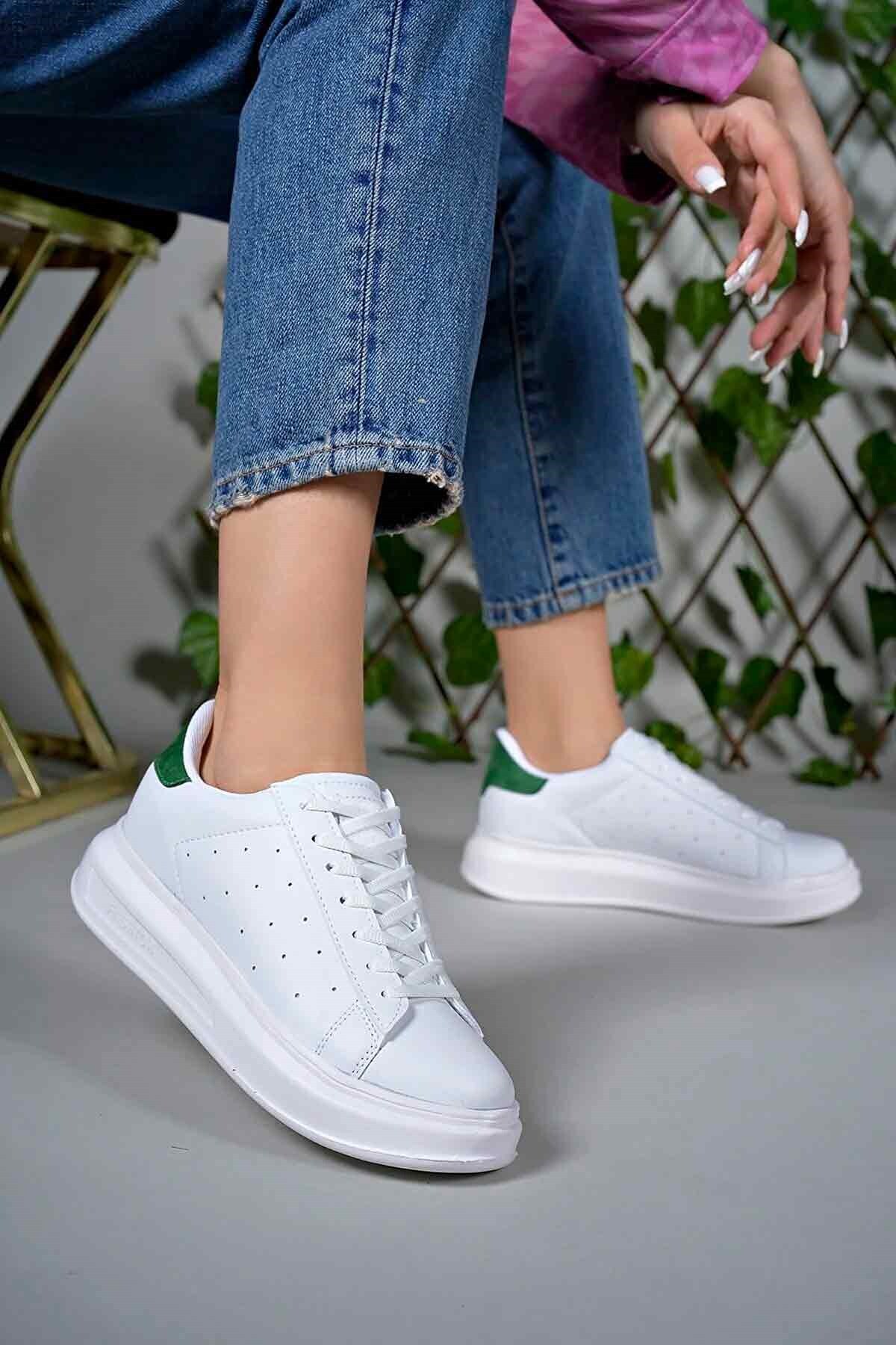 Hafif Rahat Bağcıklı Beyaz-Yeşil Günlük Spor Ayakkabı Kadın Sneaker