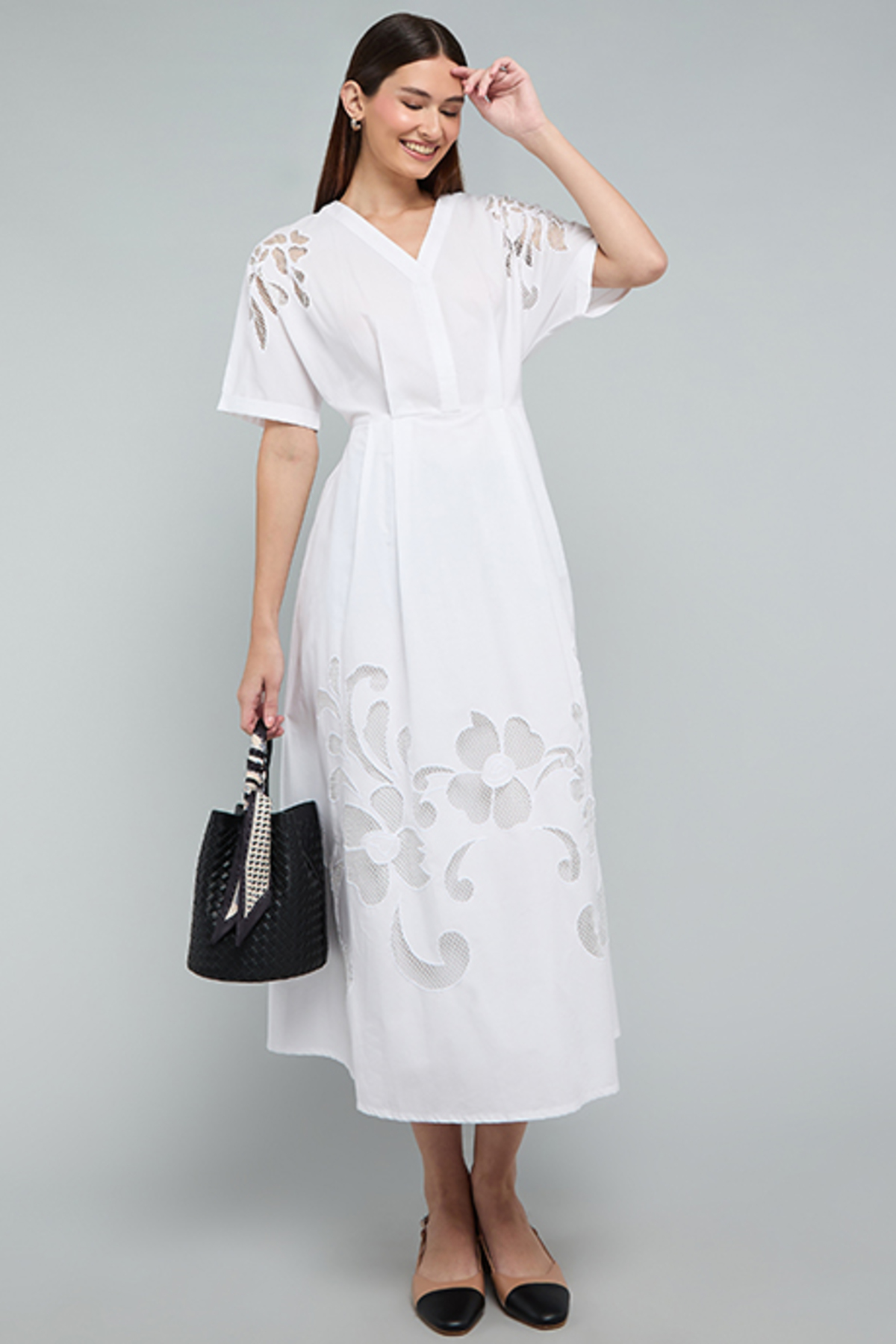 R&B Openwork Midi Dress with V-Neck and Short Sleeves