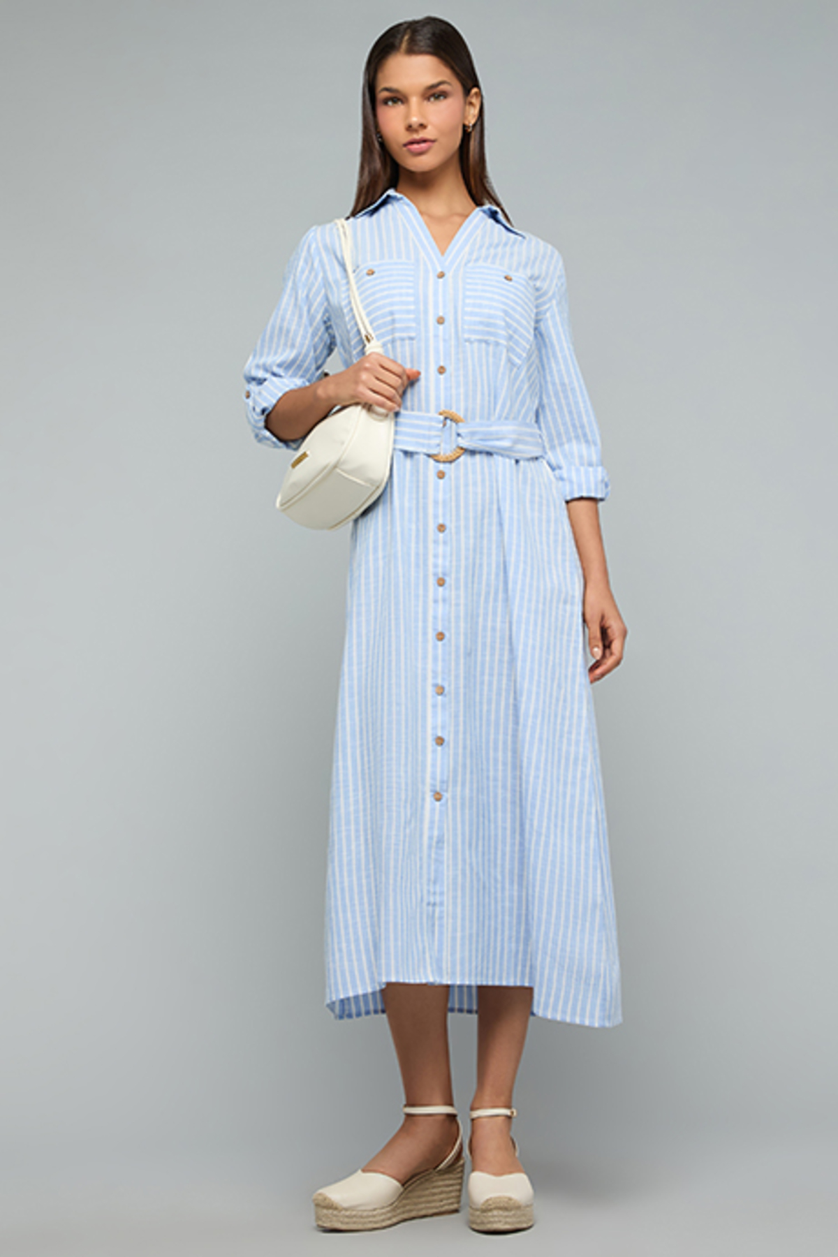 R&B Striped Shirt Dress with Long Sleeves