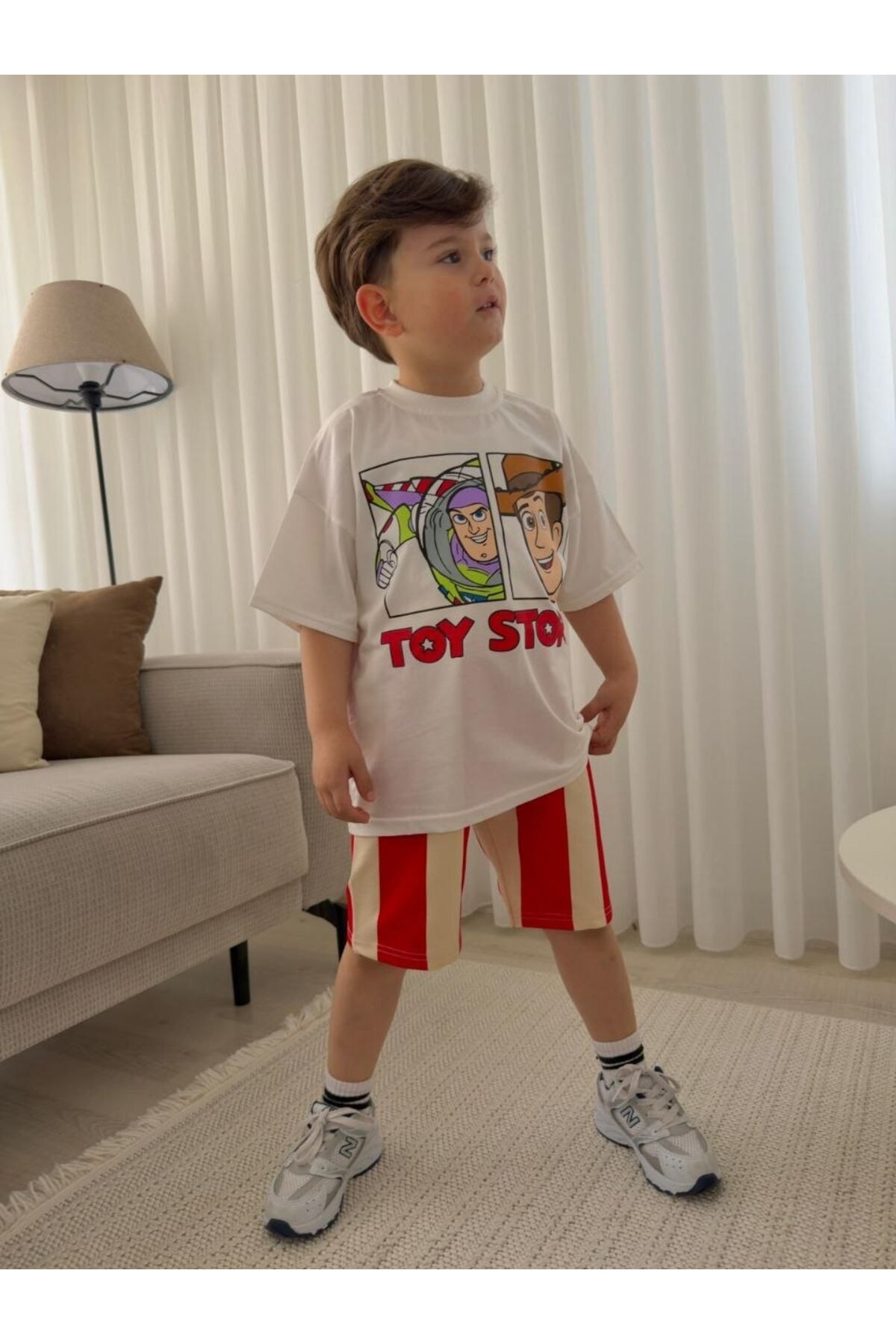 KİDSPİTİRCİK Boys' Red Striped Printed Shorts Suit 100% Cotton