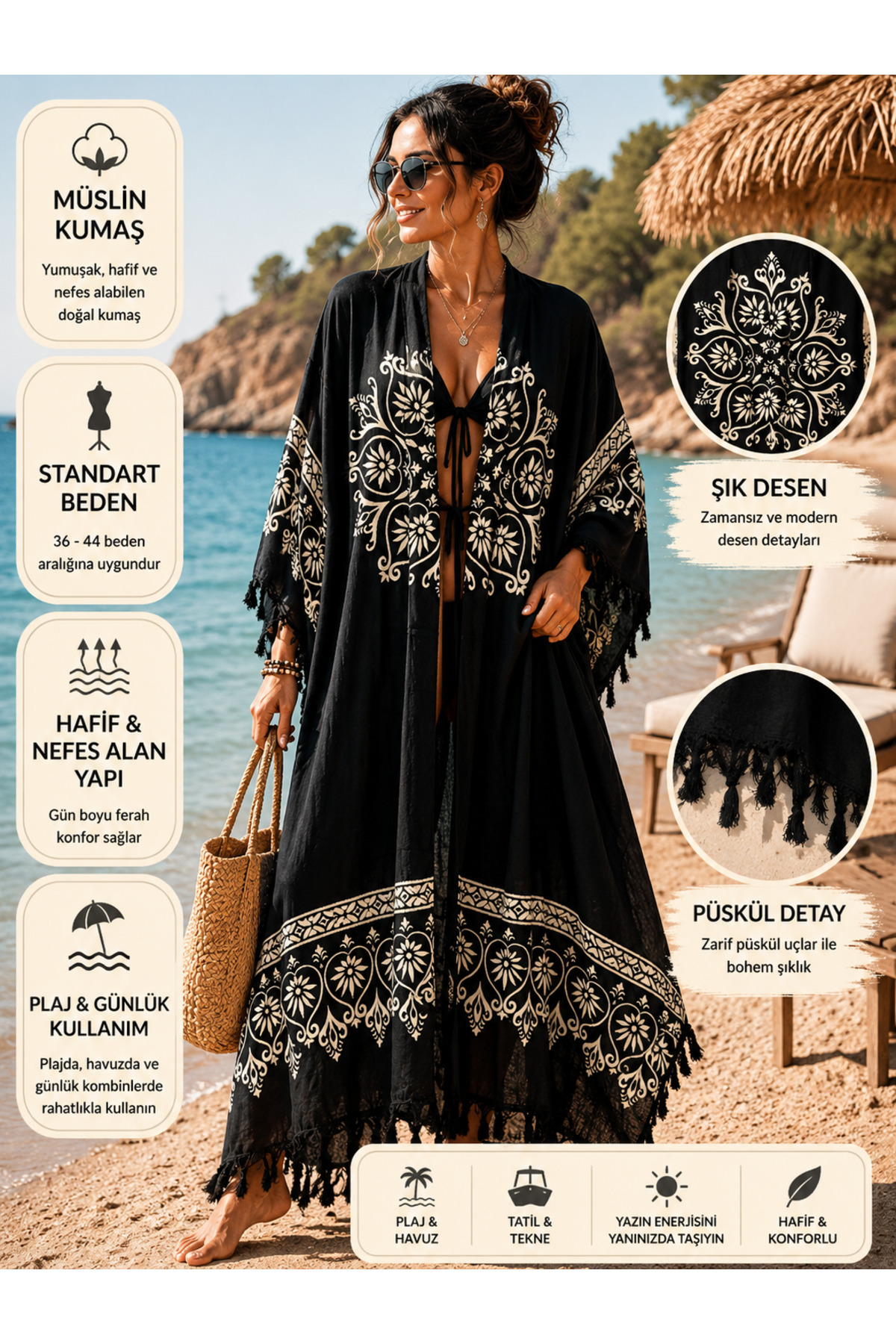 Etnik Desenli Uzun Müslin Kimono Pareo Kadın Plaj Kaftanı Siyah