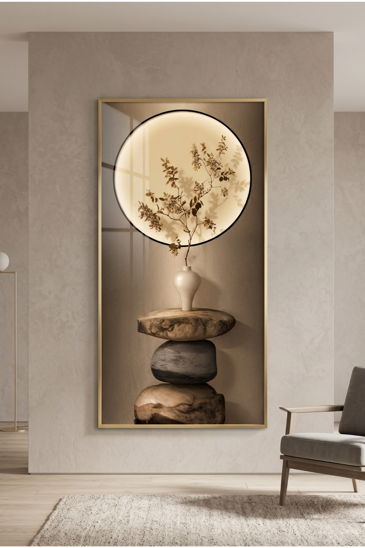 Tranquil Equilibrium - Real Glass Printing Gold Aluminum Metal Framed Single Vertical Modern Glass Table