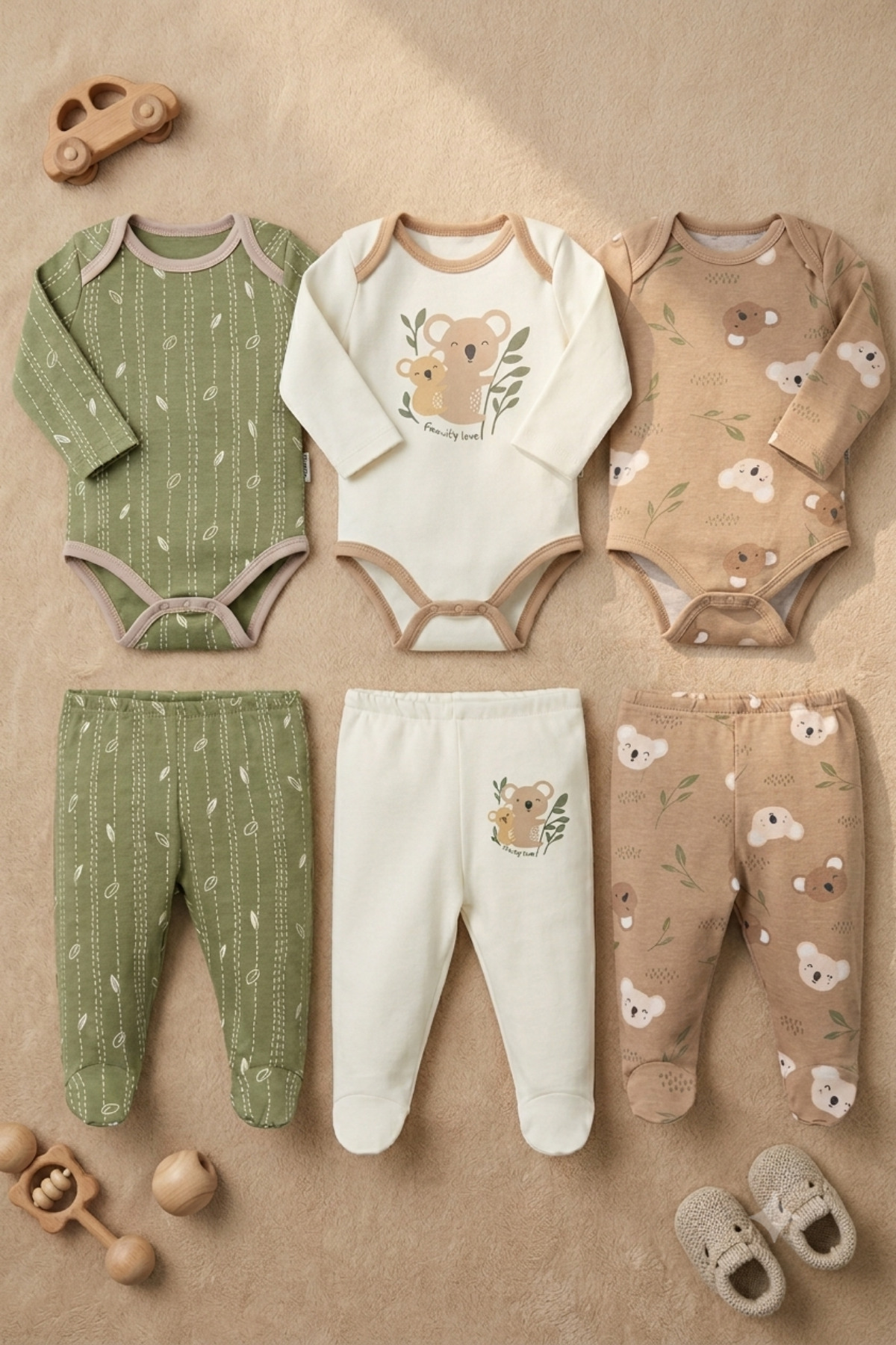 Koala Printed 6-Piece Bottom Top Set Baby Bodysuit Set