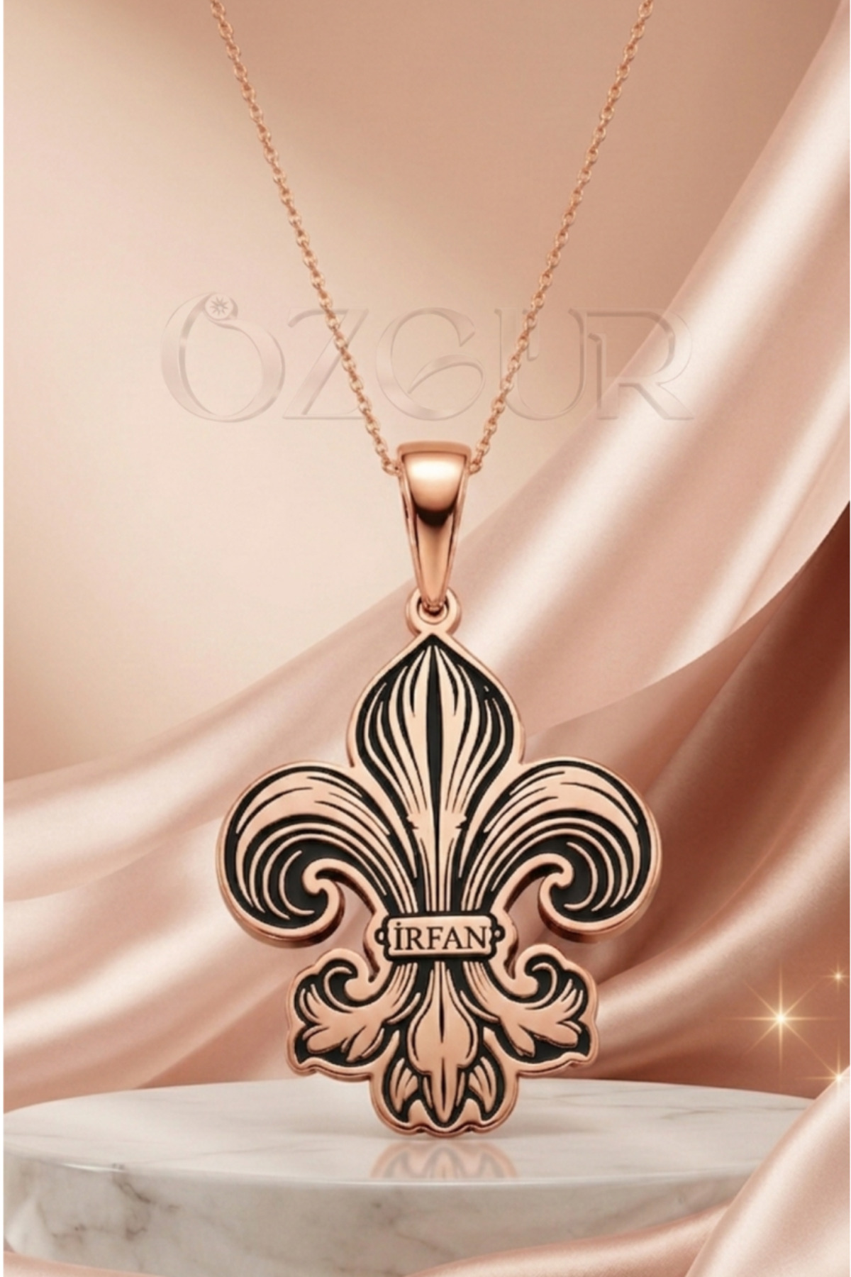 925 Ayar Gümüş İsimli Fleur De Lis Zambak Kolye - Rose / 40 cm