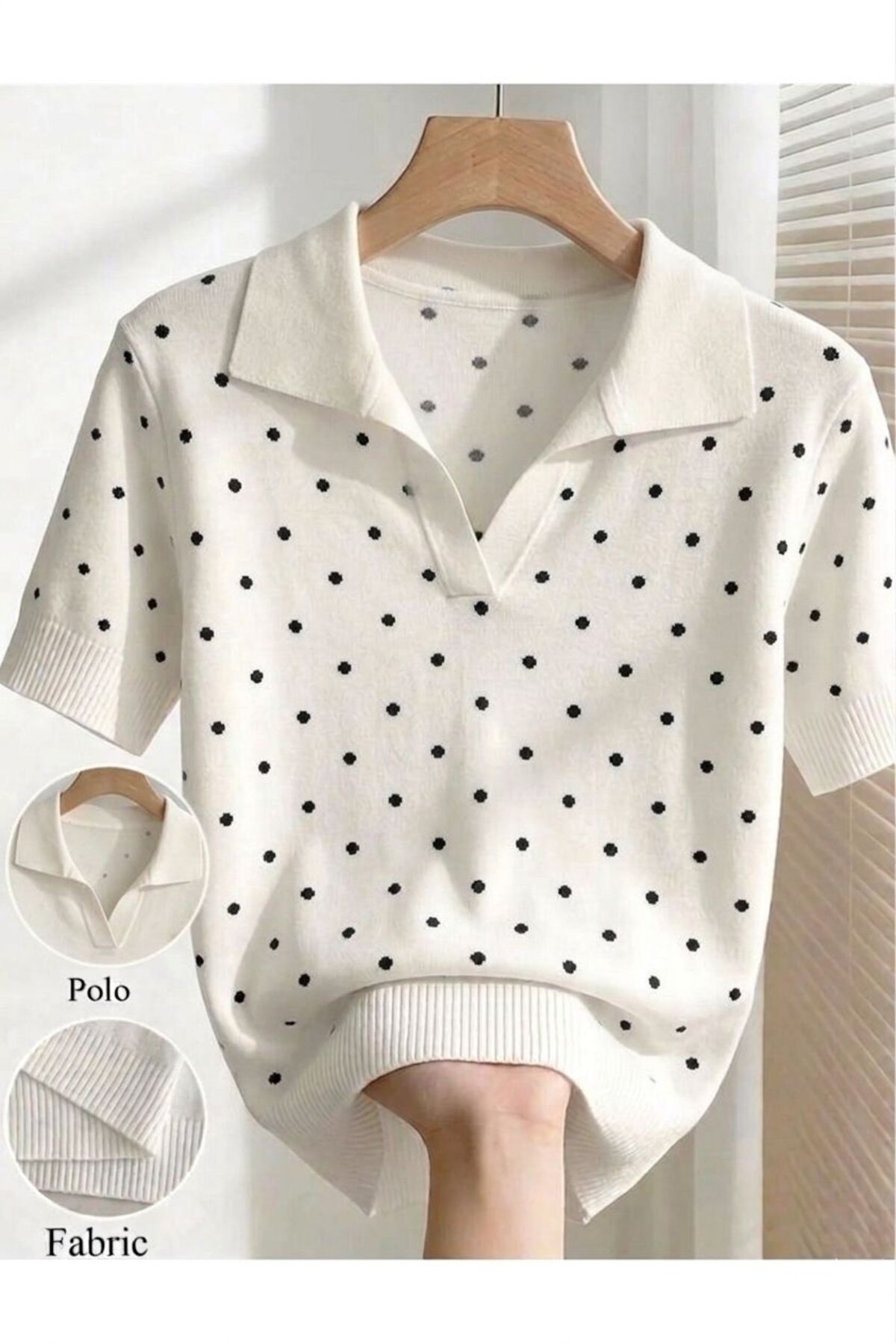 Polo Neck Classic Polka Dot Knitwear Women's Stylish T-Shirt