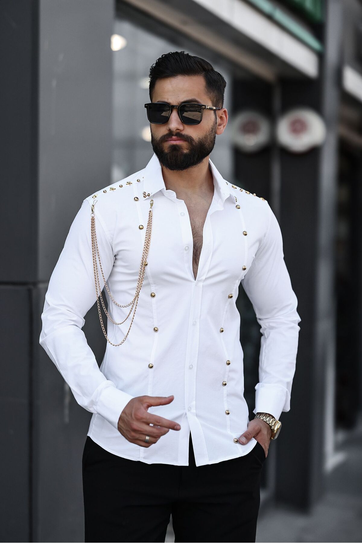Zincir Aksesuarlı Metal Düğme Detaylı Slim Fit Beyaz Gömlek Erkek Taş İşlemeli — سفید BAYIM ZİNCİRLİ