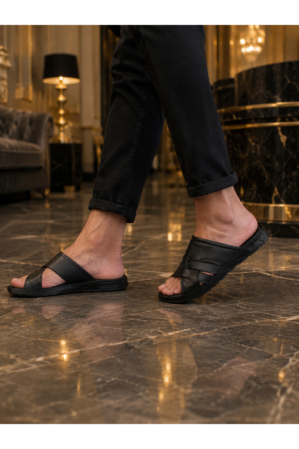 Cooka Shoes Erkek Siyah Hakiki Deri Terlik – İç Dış %100 Deri Günlük Konforlu Şık Tasarım