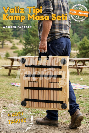 Wooden Factory Valiz Tipi Kamp Masası ve 4 Adet Tabure Seti Taşınabilir Ahşap...