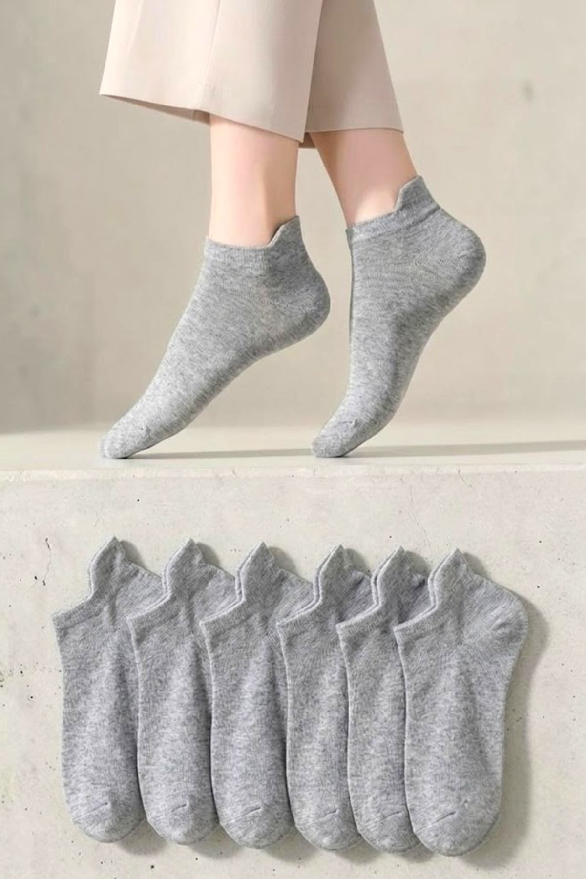 Socks Stores 6 Çift Unisex Gri Kulaklı Spor Ayakkabı Sneaker Pamuklu Patik Çorap görsel 2