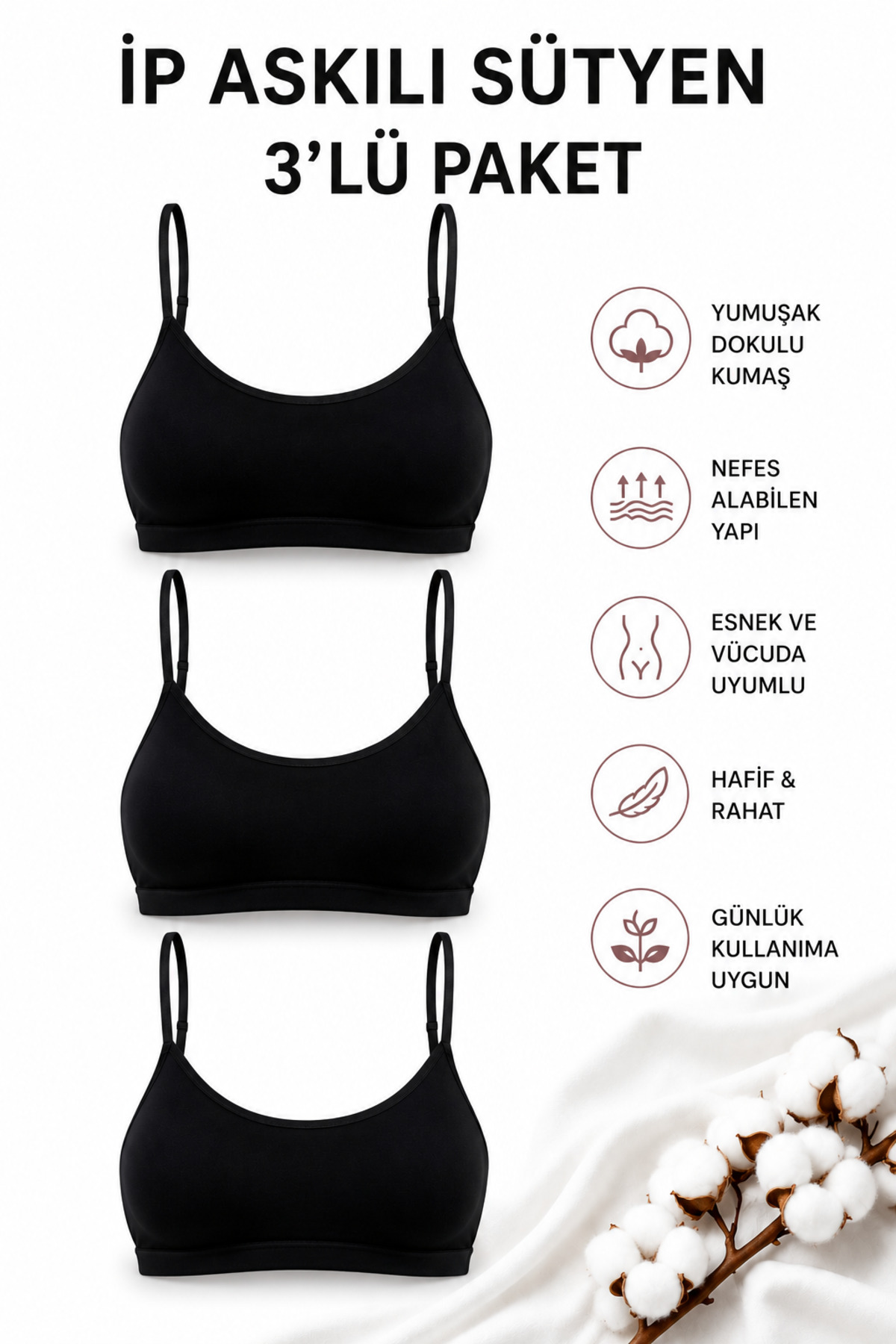 Mudcosıo Kadın İp Askılı Pedli Sütyen 3'lü Paket Pamuklu Esnek Rahat Bralet Sporcu Sütyen