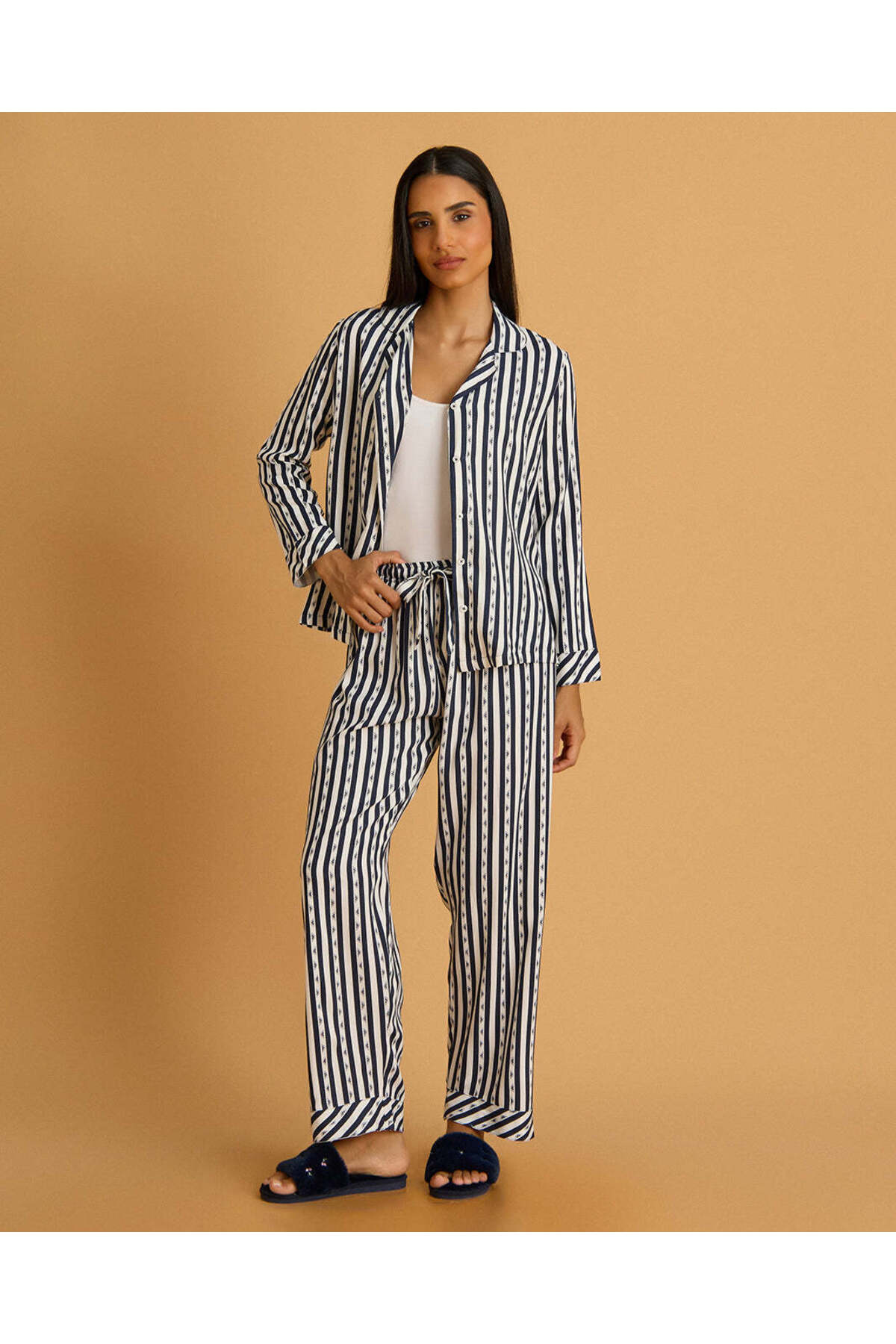 REDTAG Women Black And White Striped Pyjama Set