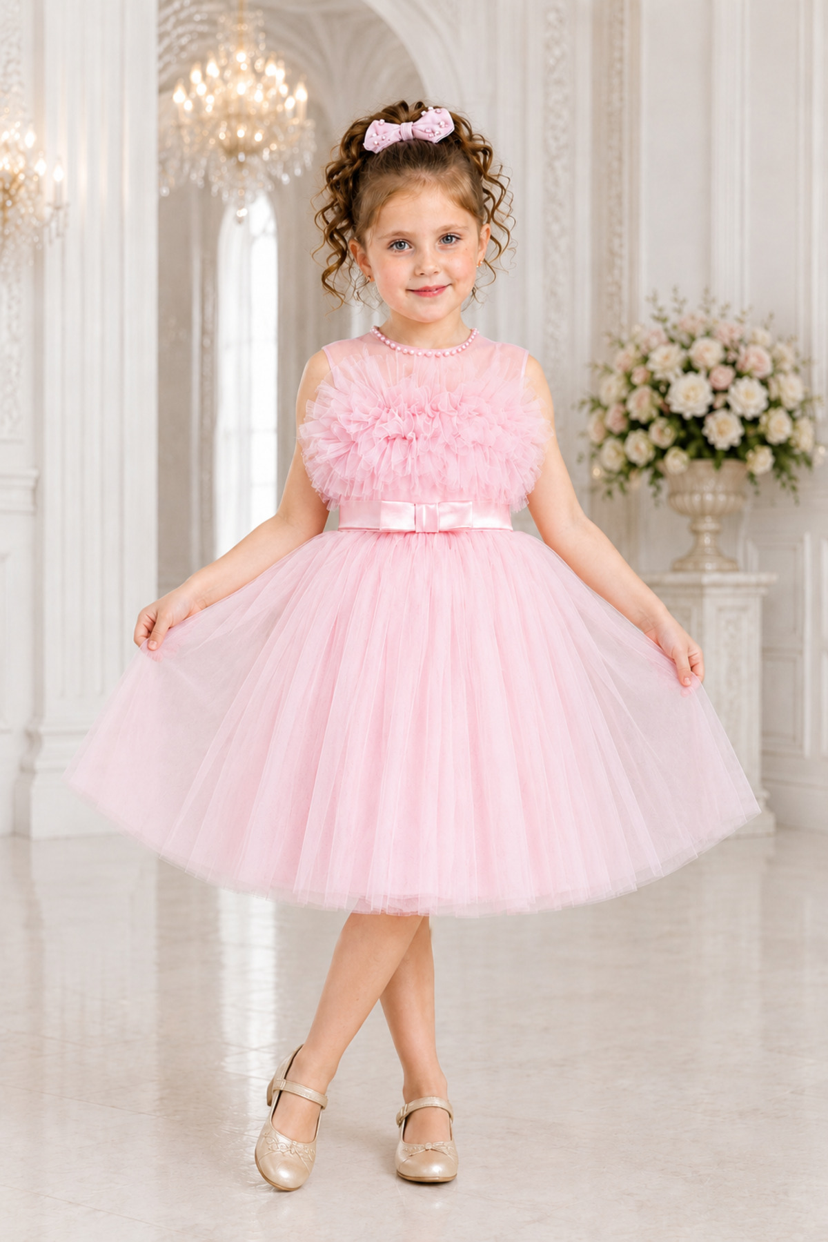 514 Evening Dress for Girls Tulled Satin Pearl Wedding and Birthday
