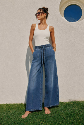 Safari Beli Lastikli Geniş Paça Kadın Jean Pantolon