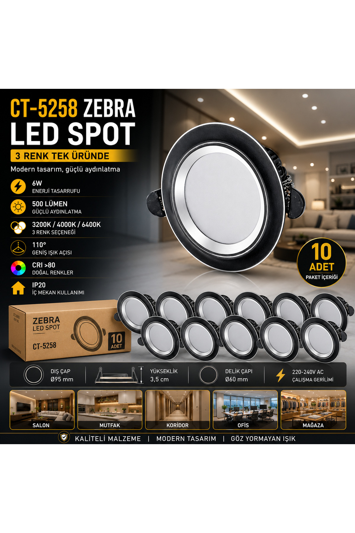 Cata CT-5258 6W Led Spot 3 Renk Değiştiren Siyah Krom Sıva Altı