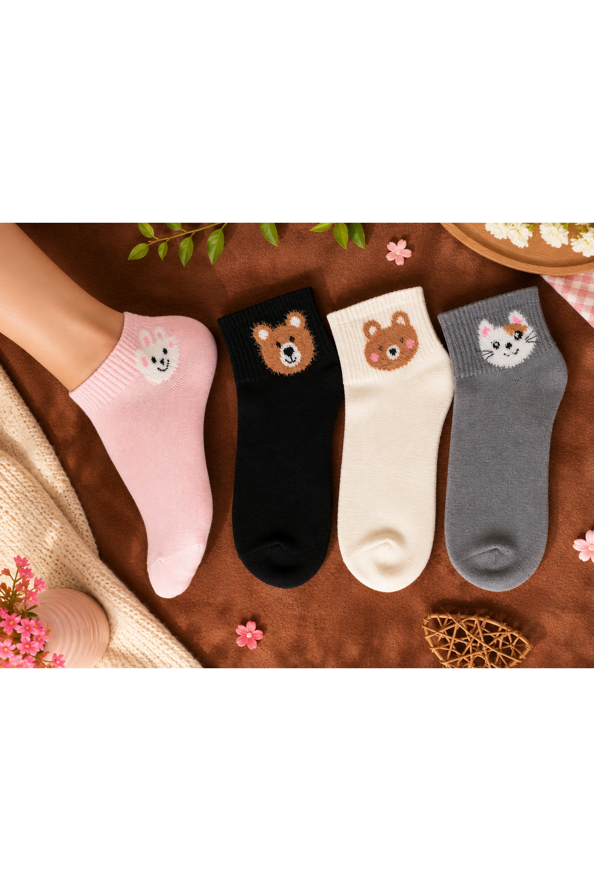 çorapmanya 4 Çift Çok Renkli Tüylü Teddy Bear Desenli Tenis Yarım Konç / Kolej Çorap görsel 2