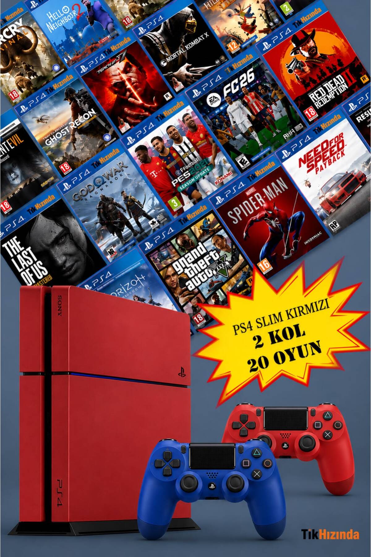 TıkHızında Kırmızı PS4 1TB Mat Kasa 12.02 Yazılım 2 Adet V2 Kol 20