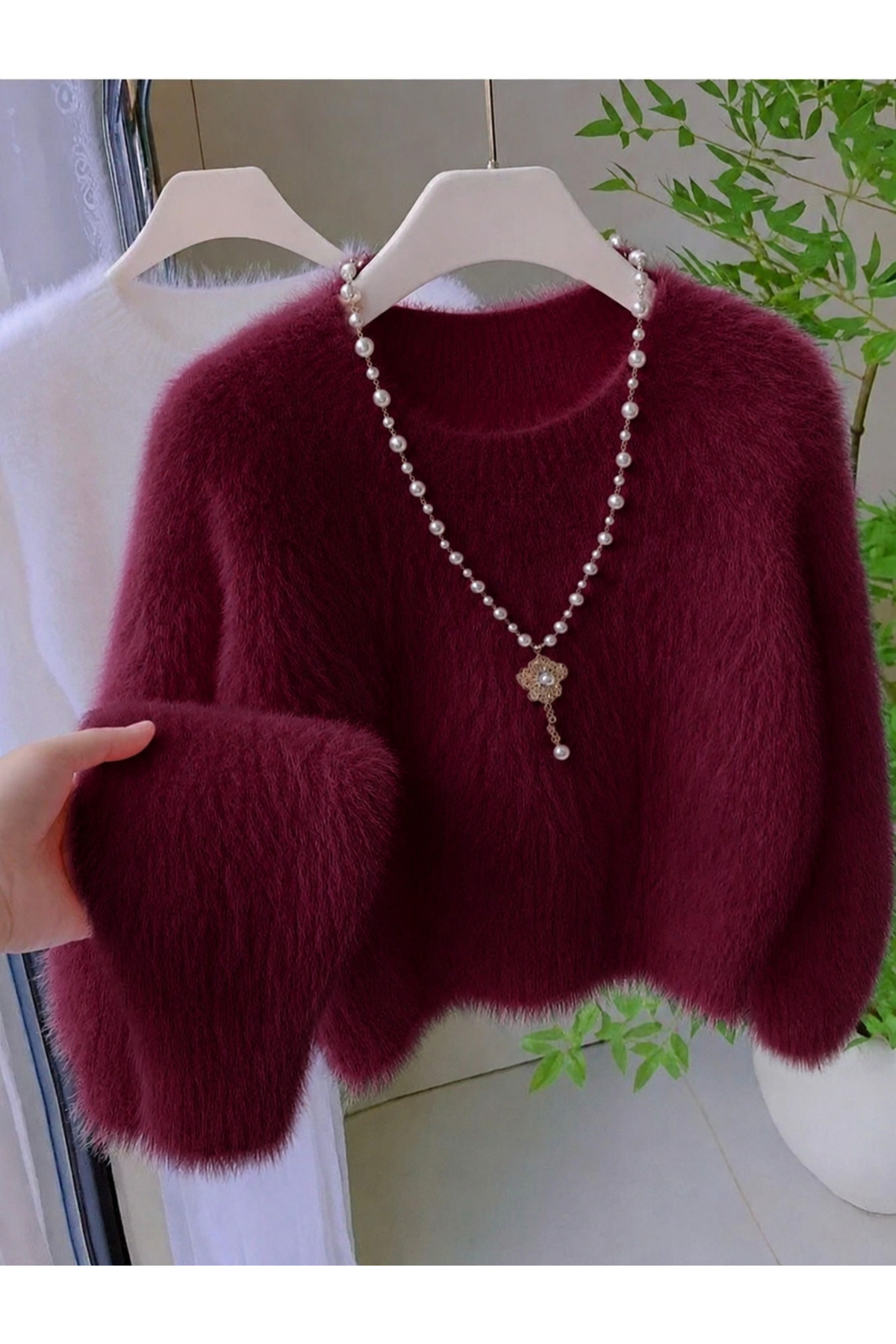 NATUFIAN STORE Kadın Peluş Görünüm Bisiklet Yaka Uzun Tüylü Yumoş Triko Kazak