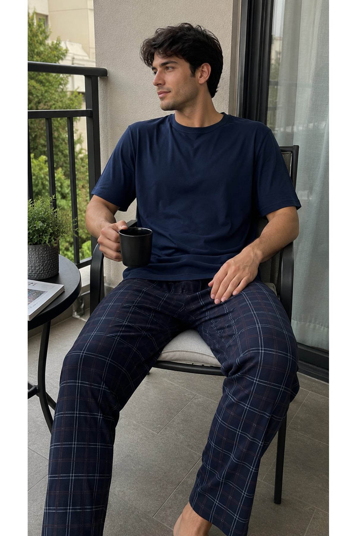 STELLAPİNK Erkek Penye Kısa Kollu Ekoseli Pamuklu Örme Pijama Takımı- LACİVERT