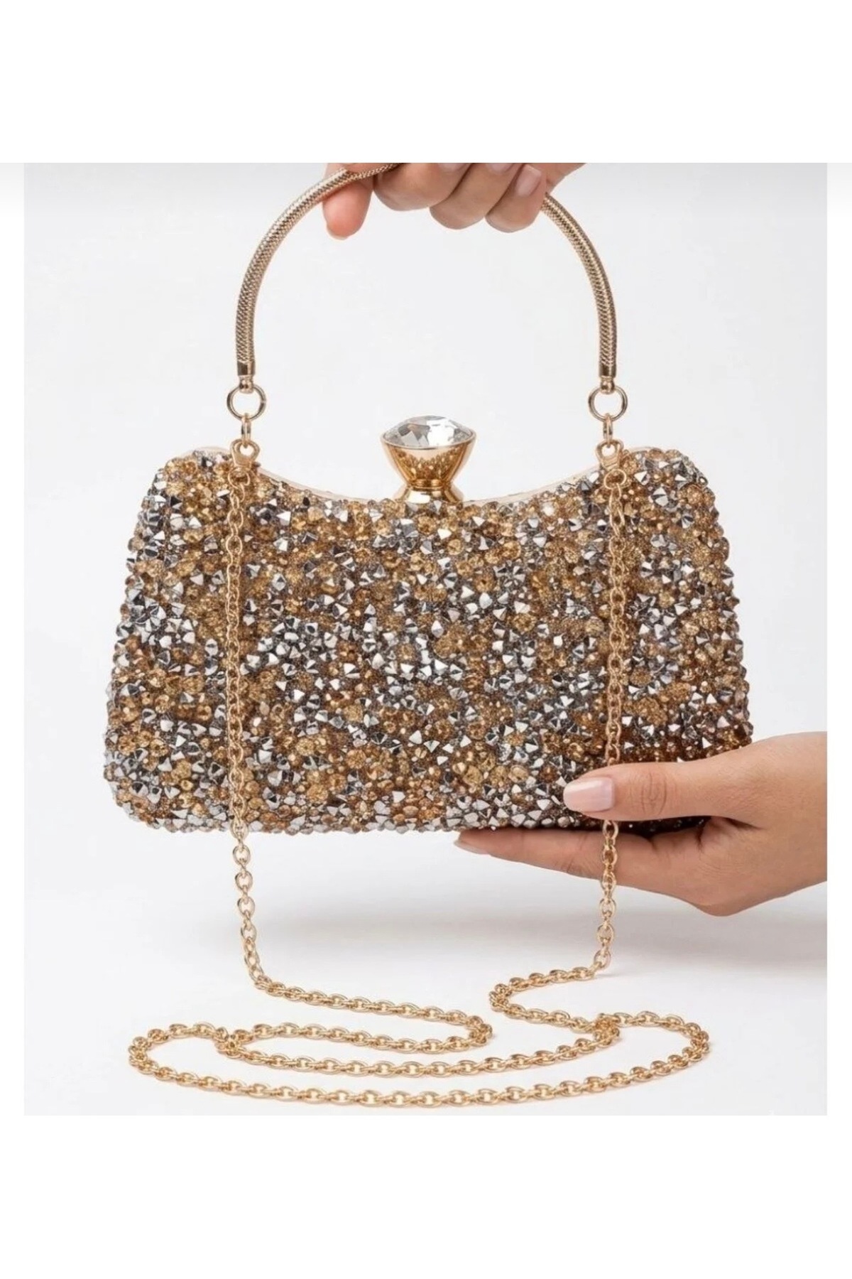 bag Kadın Taşlı Abiye Çanta İri Taşlı Roz görsel 2