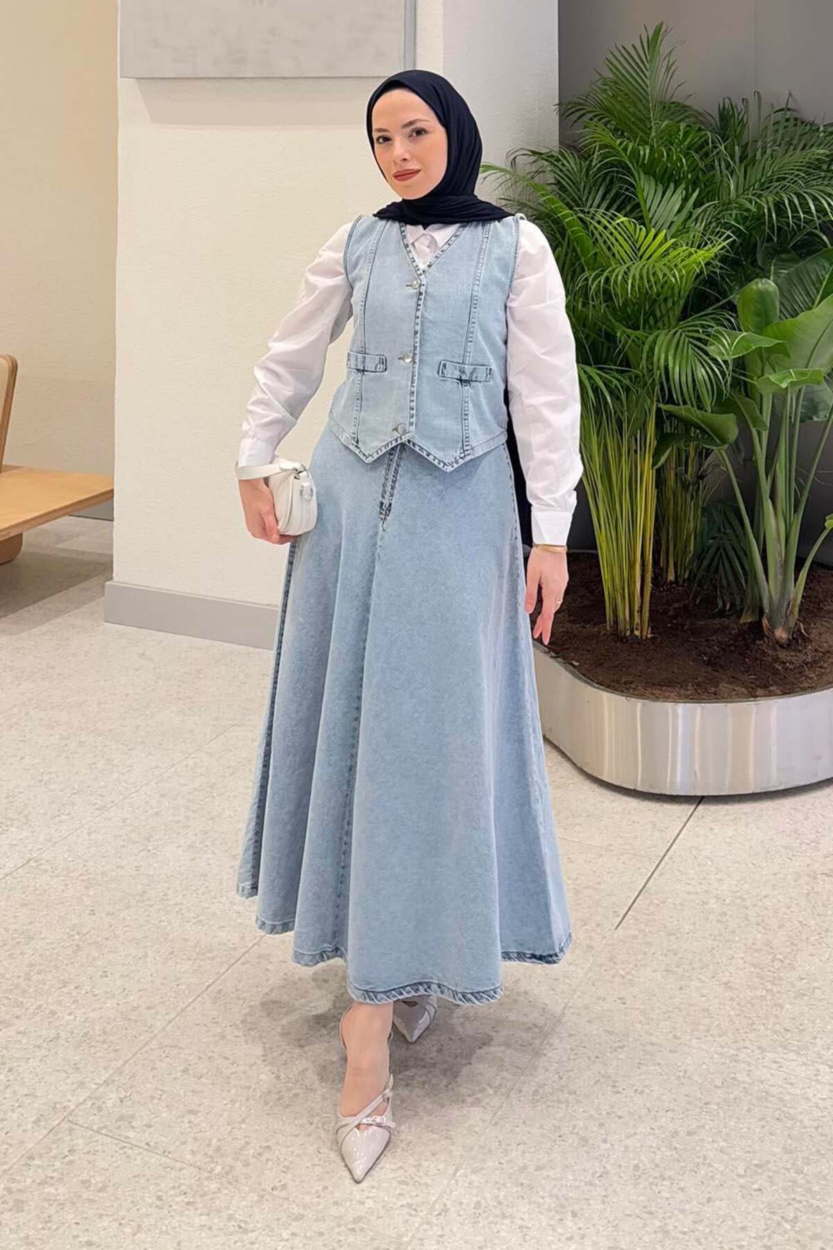 Lamelif Kruvaz Closed Denim Skirt Suit Blue