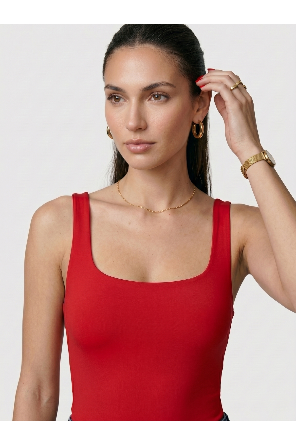Kadın Kare Yaka Kalın Askılı Çıtçıtlı Body Slim Fit Dar Kalıp Likralı Bodysuit - Kırmızı 2
