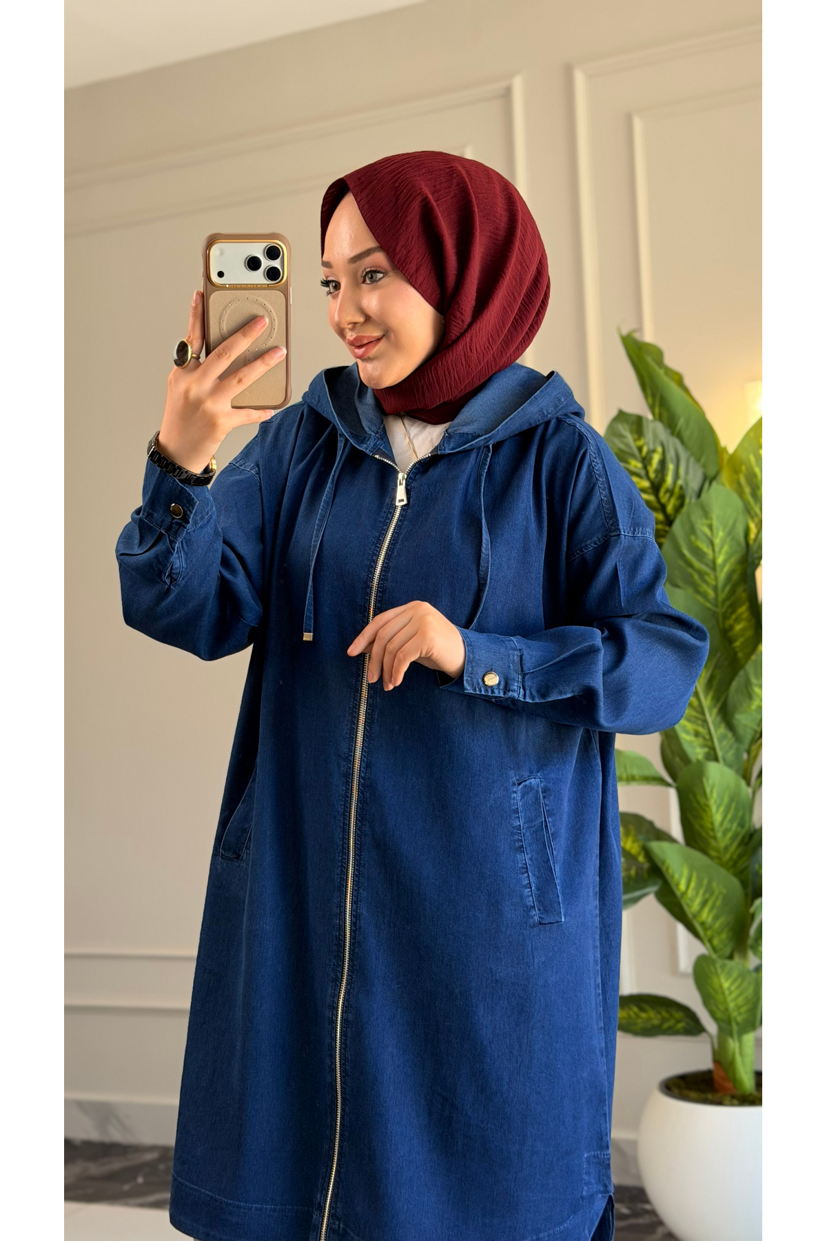 Suede Style 6540 - Şık Rahat Fermuarlı Kapüşonlu Uzun Salaş Kadın