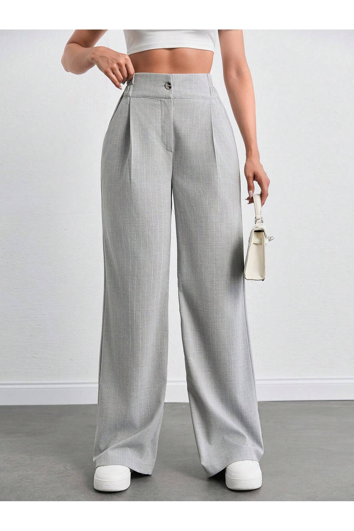 tuzu moda KADIN PANTOLON ÇİZLİGİLİ POLİVİSKON PANTOLON PALAZZO PANTOLON ARKA LASTİKLİ PANTOLON görsel 4