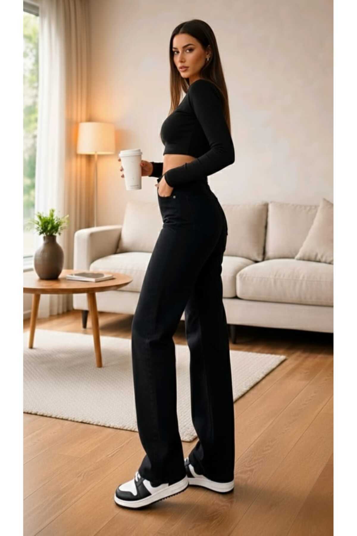 Lighter Jeans Oba Siyah Esnek Wide Leg Yüksek Bel Jean Bol Paça Rahat Kesim Denim Pantolon görsel 4