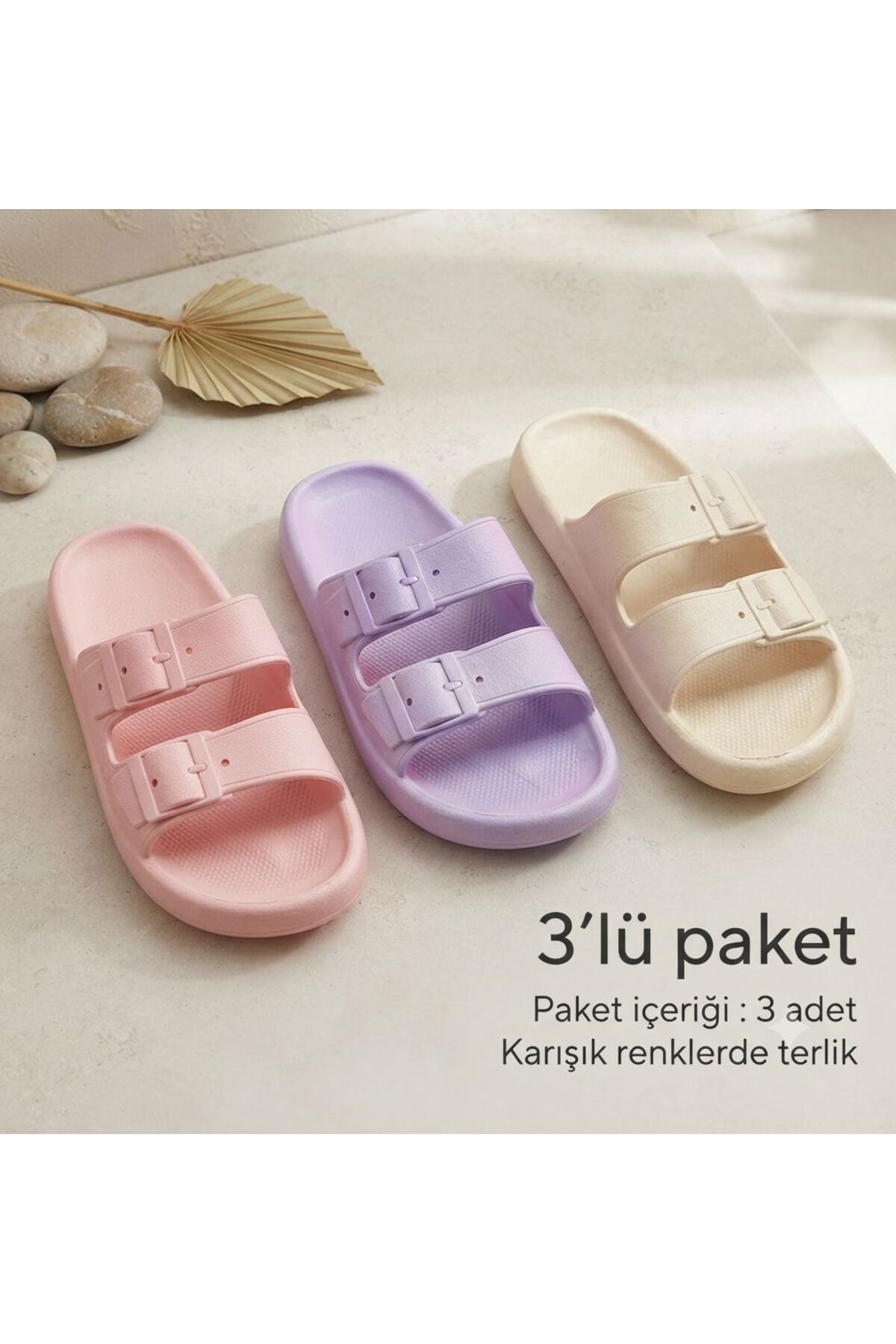 KANTEX 3'lü Paket Kadın Çift Tokalı Kaydırmaz Rahat Taban Günlük Plaj Balkon Bahçe Teras Banyo Terliği RCN305