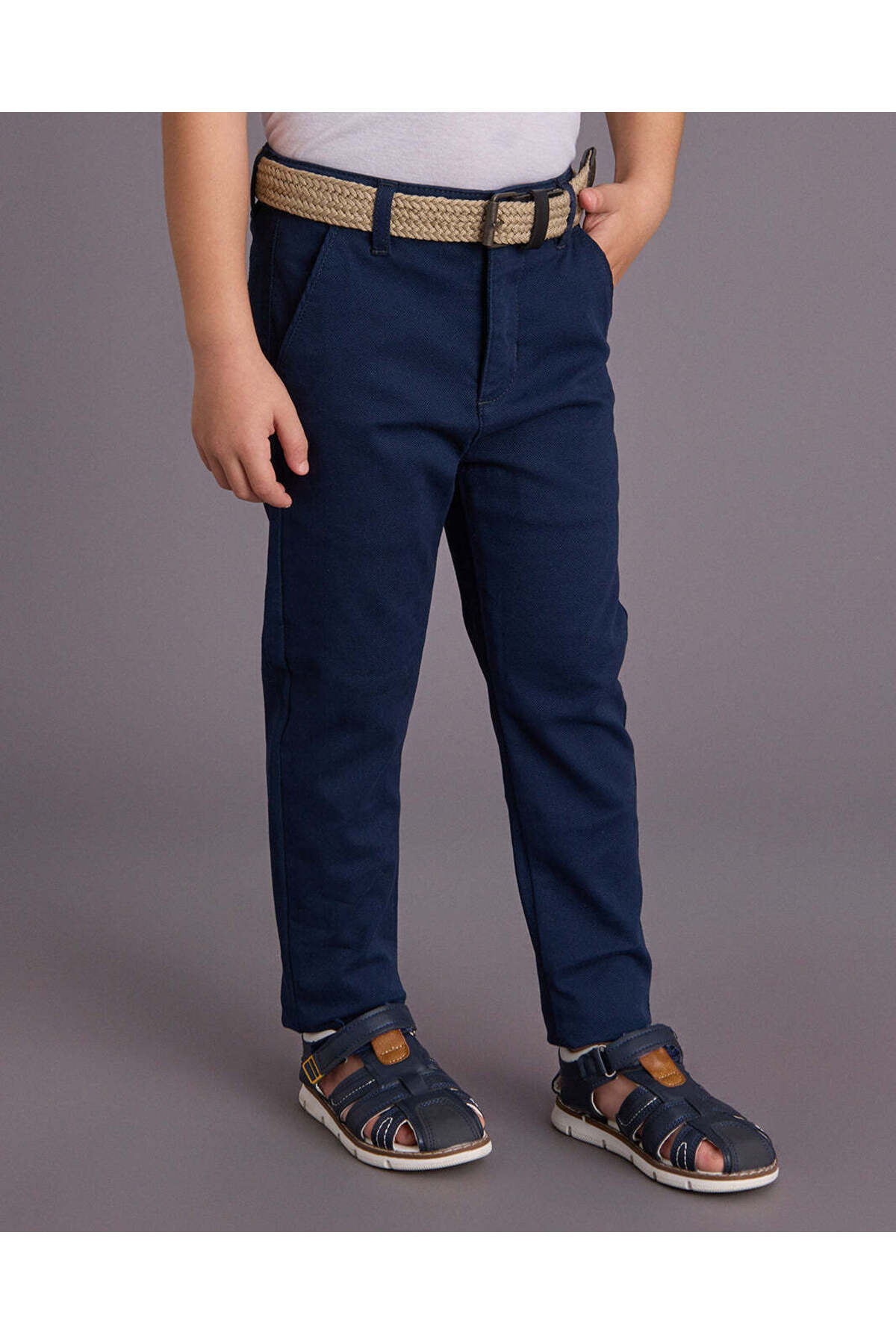 REDTAG Boys Navy Dobby Trousers With Belt