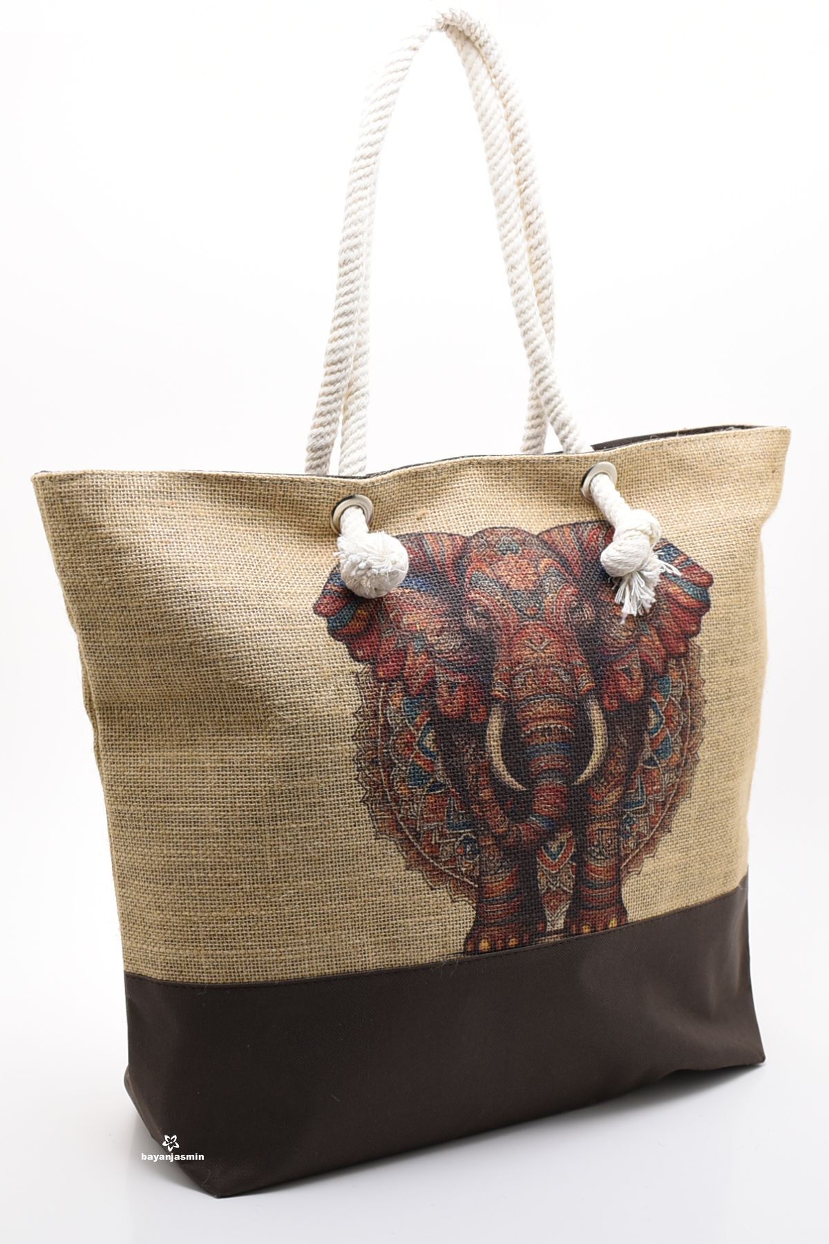Jasmin Mandala Elephant Patterned Women's Jute Straw Beach and