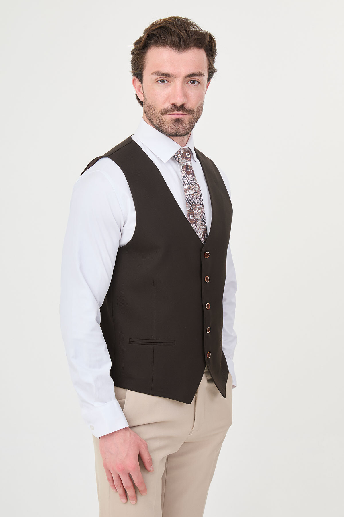 Mcr Düz Slim Fit Klasik Erkek Yelek Kahve - 40962.26Y görsel 3