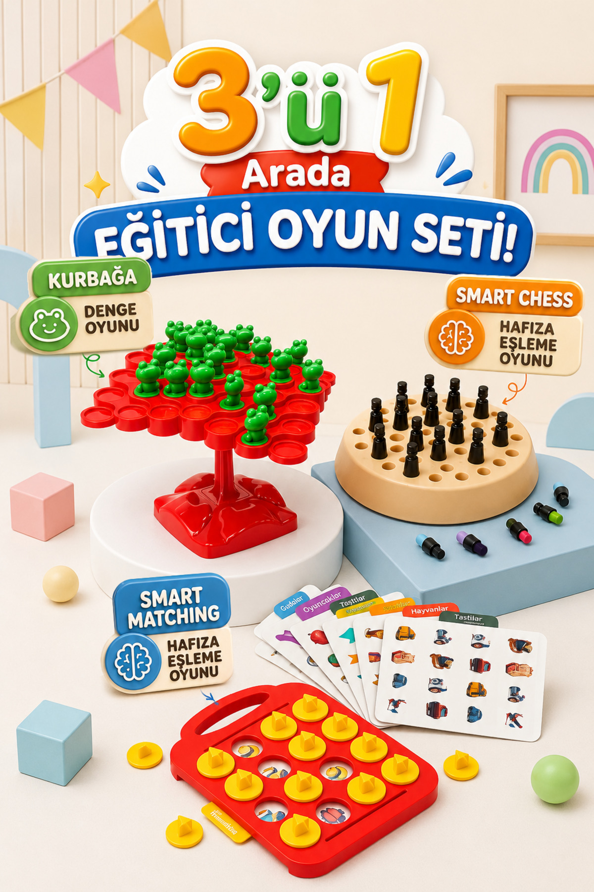M&H 3'lü Oyun Seti - Kurbağa Denge - Smart Chess - Smart Matching - Eğitici ve Öğretici Oyun Seti