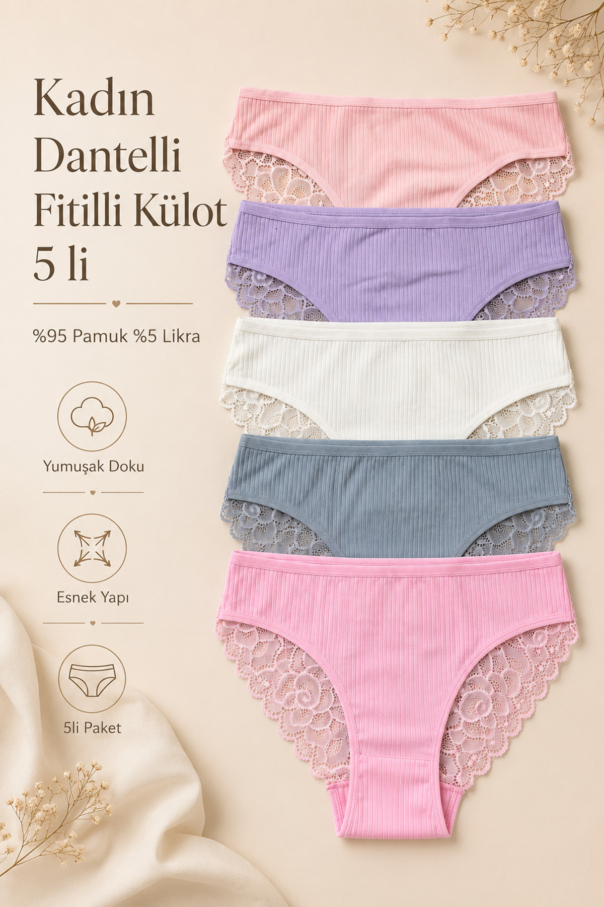 Nicoletta Kadın Külot 5 Li Paket Likralı Pamuklu Arkası Dantelli Fitilli Kaşkorse Somon görsel 2