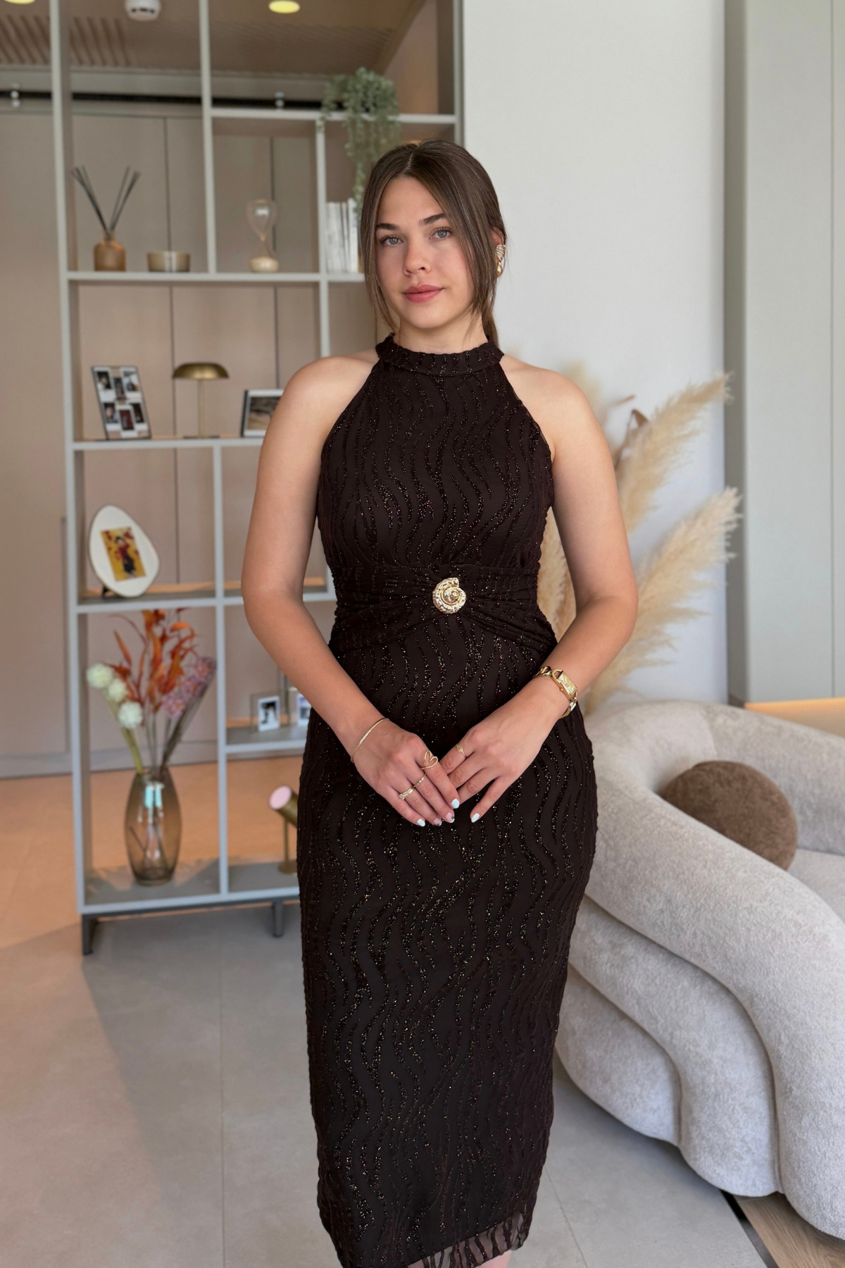 Halter Neck Gold Glitter Elegant Brown Midi Dress with Accessory