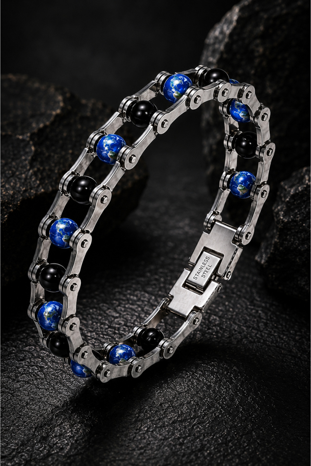 Men's Motorcycle Chain Design 316L Steel Bracelet with Blue Agate and Onyx Natural Stone