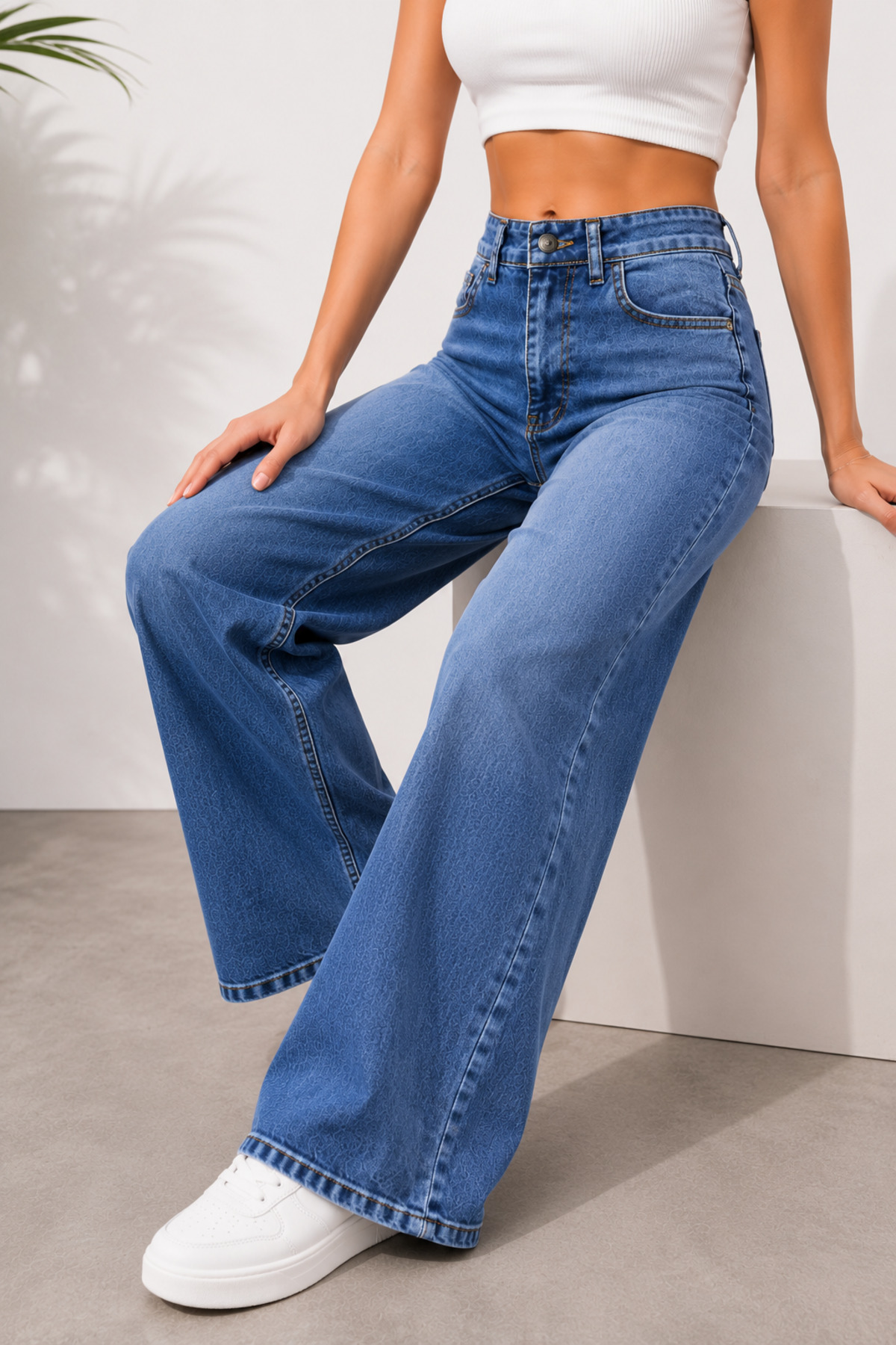 Lighter Jeans Kadın Kar Mavi Yıkamalı Likralı Wide Leg Palazzo Jean Pantolon Yüksek Bel Esnek Bol Paça Denim görsel 5