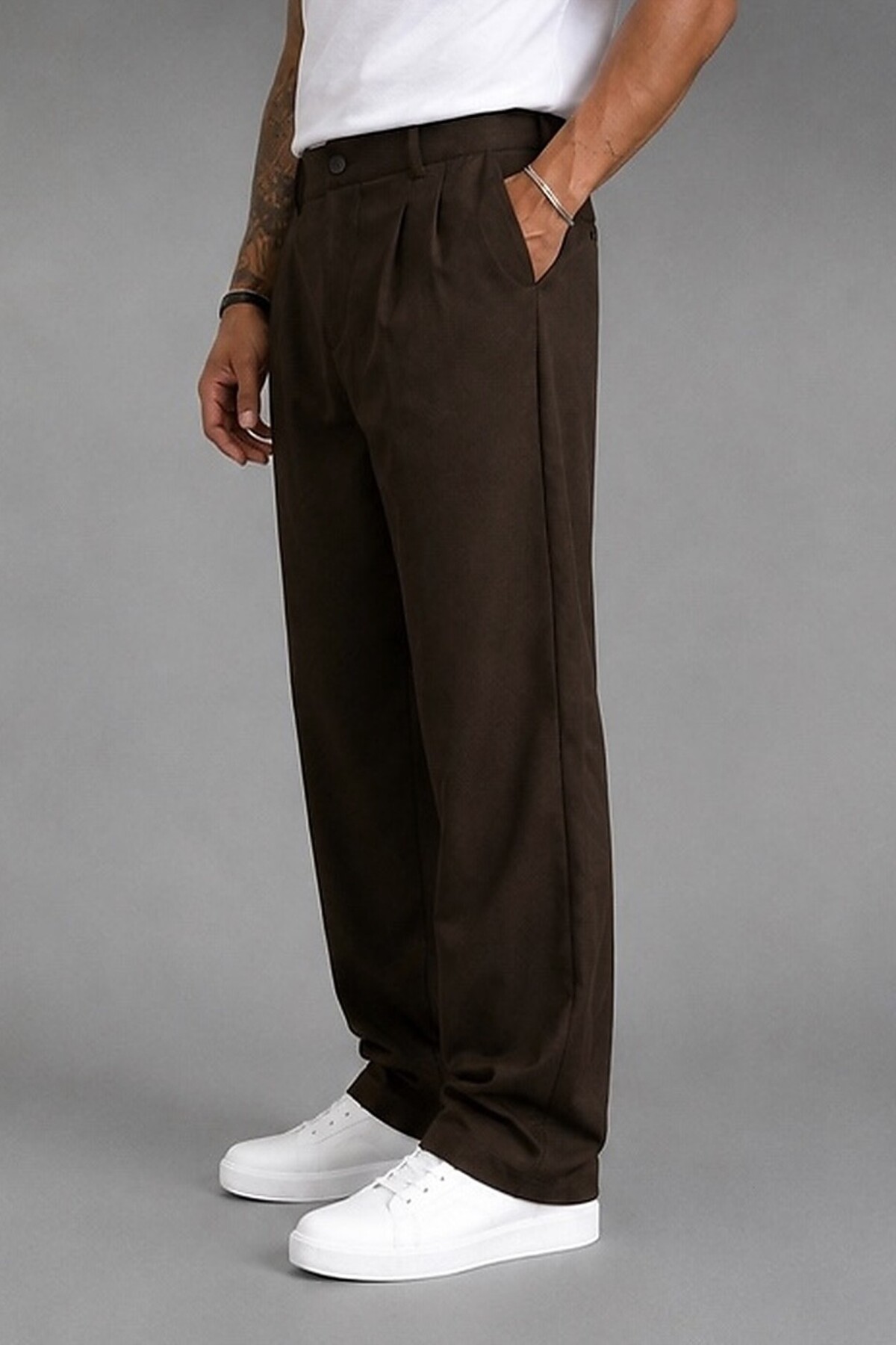 BM BALANCEMODA Erkek Baggy kalıp, esnek-dökümlü, pile detaylı, geniş kumaş pantolon görsel 3
