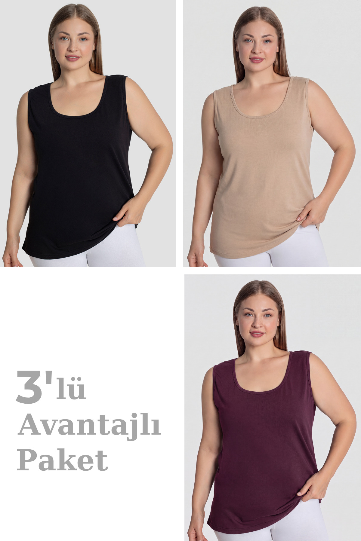Arma Yıldız Kadın Pamuklu Büyük Beden Kalın Askılı Atlet 3'lü Paket