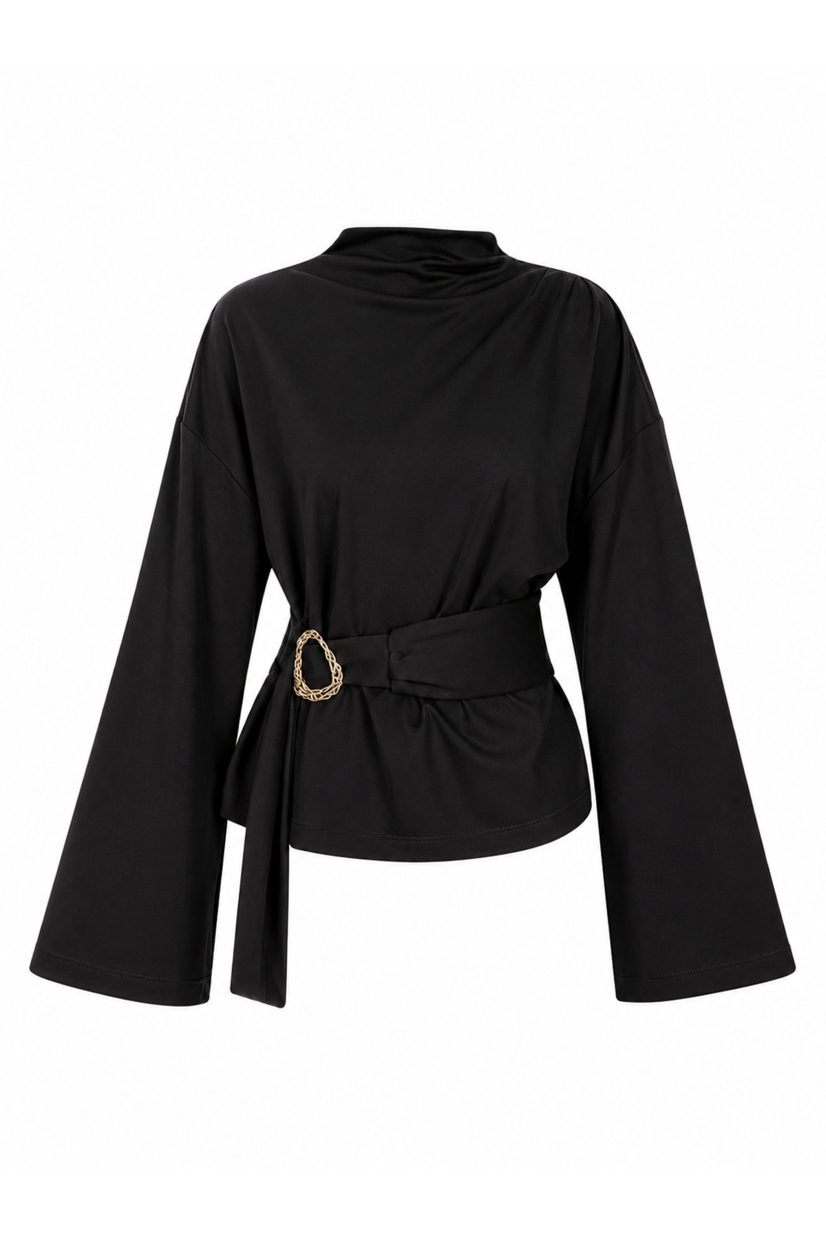 Women's Half Turtleneck Draped Belt Buckle Spanish Sleeve Blouse 224